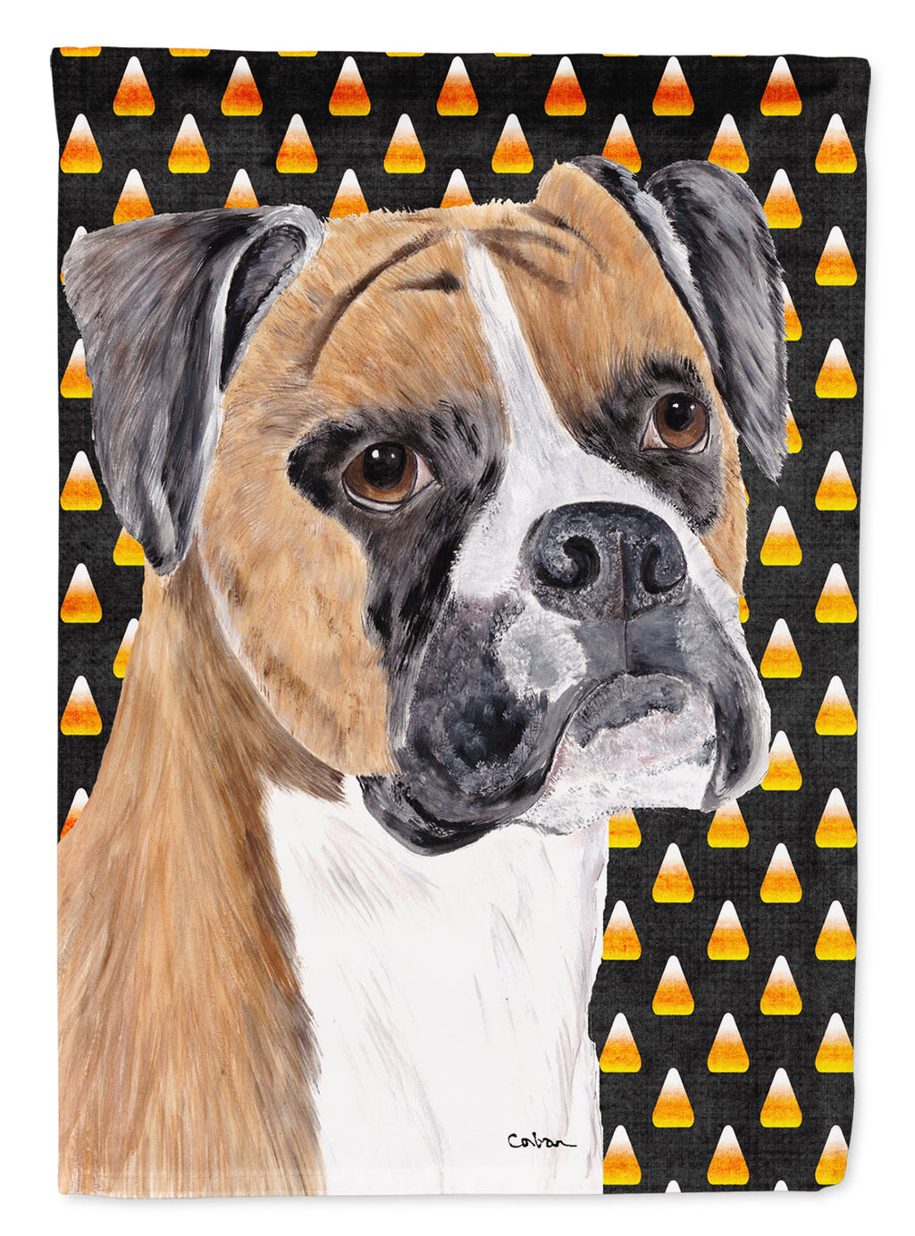 Boxer Fawn Uncropped Ears Candy Corn Halloween Portrait House Flag 28x40 Porch Sleeve Pole Decorative Outside Yard Banner Artwork Wall Hanging, Polyester