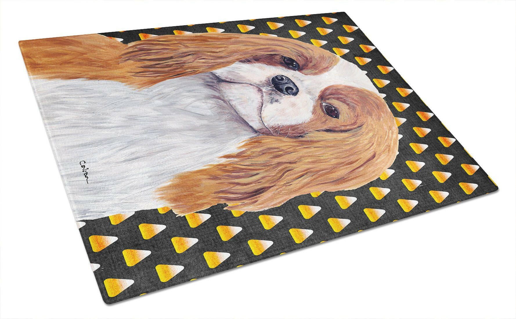 Cavalier Spaniel Blenheim Candy Corn Halloween Portrait Cutting Board Tempered Glass Kitchen Cutting Surface, Heat Resistant Chopping, Non-Slip Feet, Food Prep & Serving