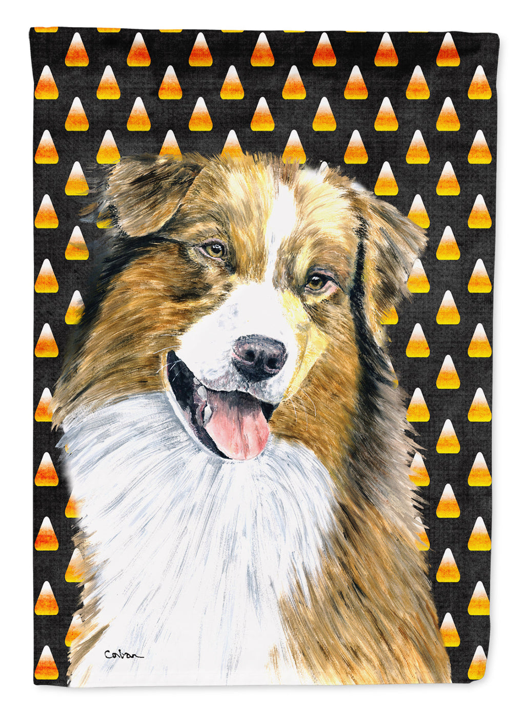 Australian Shepherd Candy Corn Halloween Portrait House Flag 28x40 Porch Sleeve Pole Decorative Outside Yard Banner Artwork Wall Hanging, Polyester