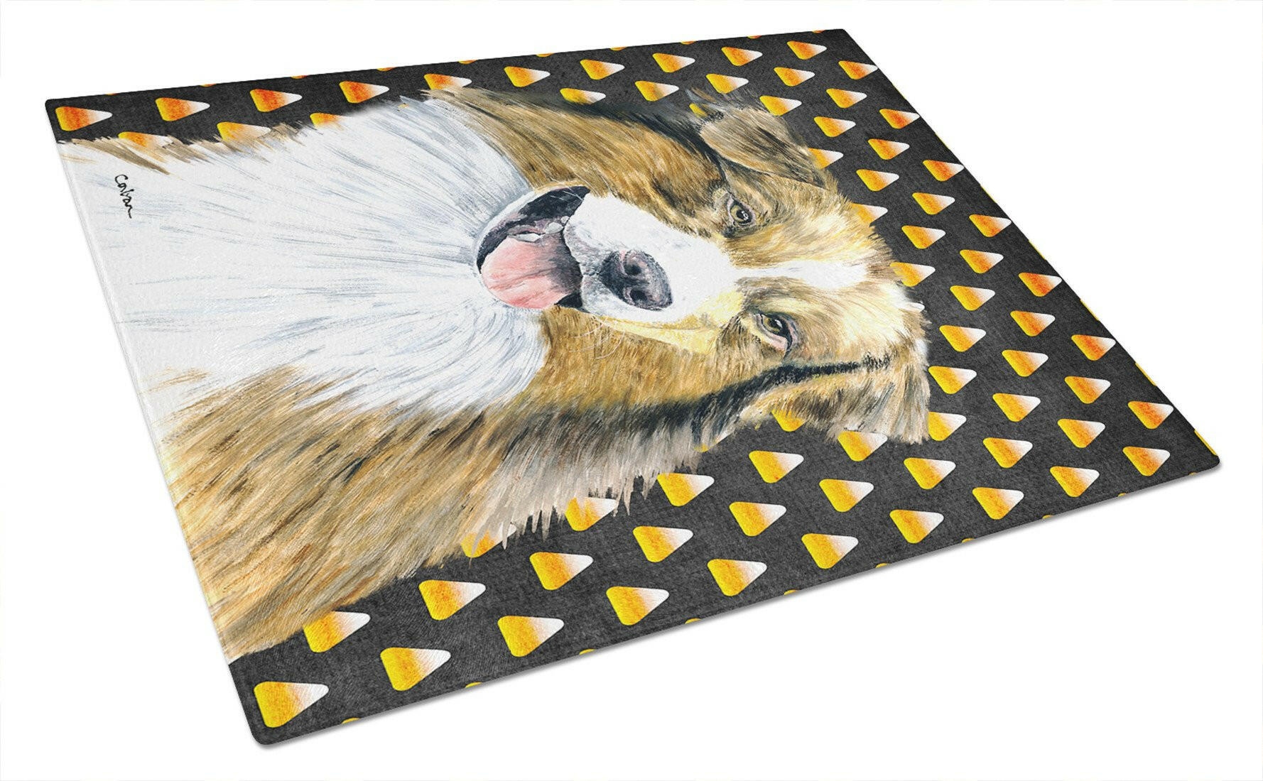 Australian Shepherd Candy Corn Halloween Portrait Cutting Board Tempered Glass Kitchen Cutting Surface, Heat Resistant Chopping, Non-Slip Feet, Food Prep & Serving