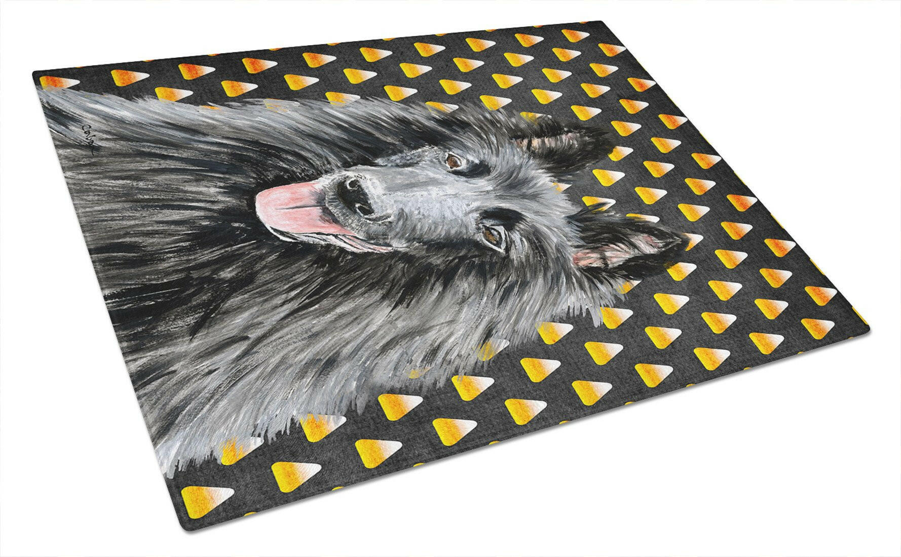 Belgian Sheepdog Candy Corn Halloween Portrait Cutting Board Tempered Glass Kitchen Cutting Surface, Heat Resistant Chopping, Non-Slip Feet, Food Prep & Serving