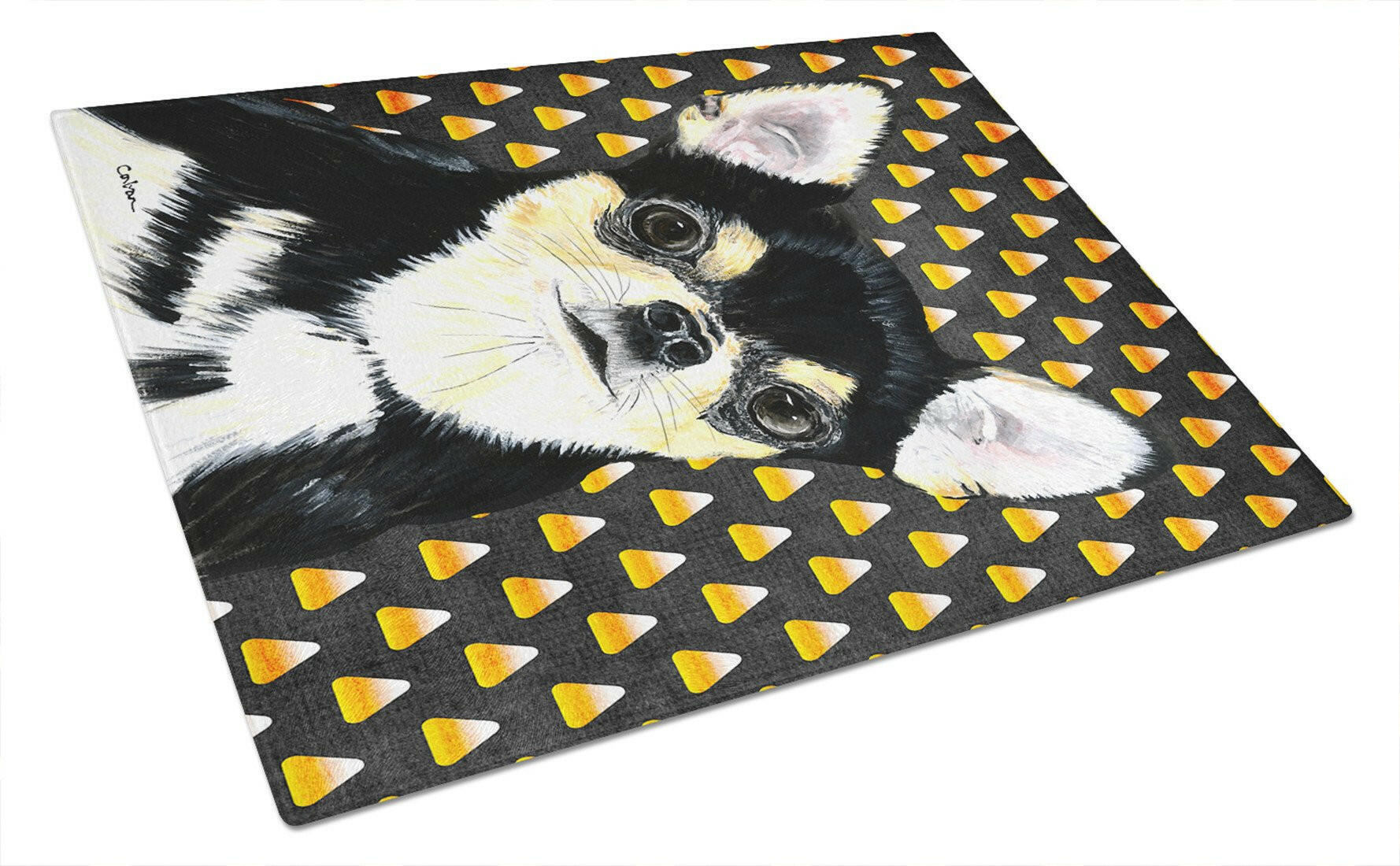 Chihuahua Candy Corn Halloween Portrait Cutting Board Tempered Glass Kitchen Cutting Surface, Heat Resistant Chopping, Non-Slip Feet, Food Prep & Serving