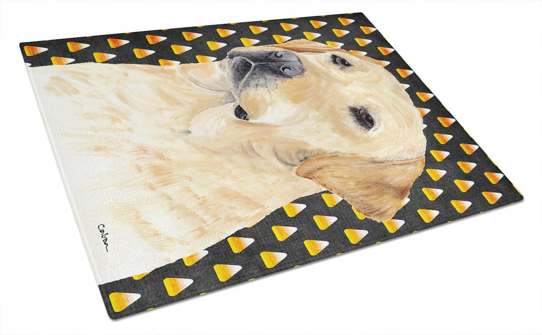 Labrador Yellow Candy Corn Halloween Portrait Cutting Board Tempered Glass Kitchen Cutting Surface, Heat Resistant Chopping, Non-Slip Feet, Food Prep & Serving