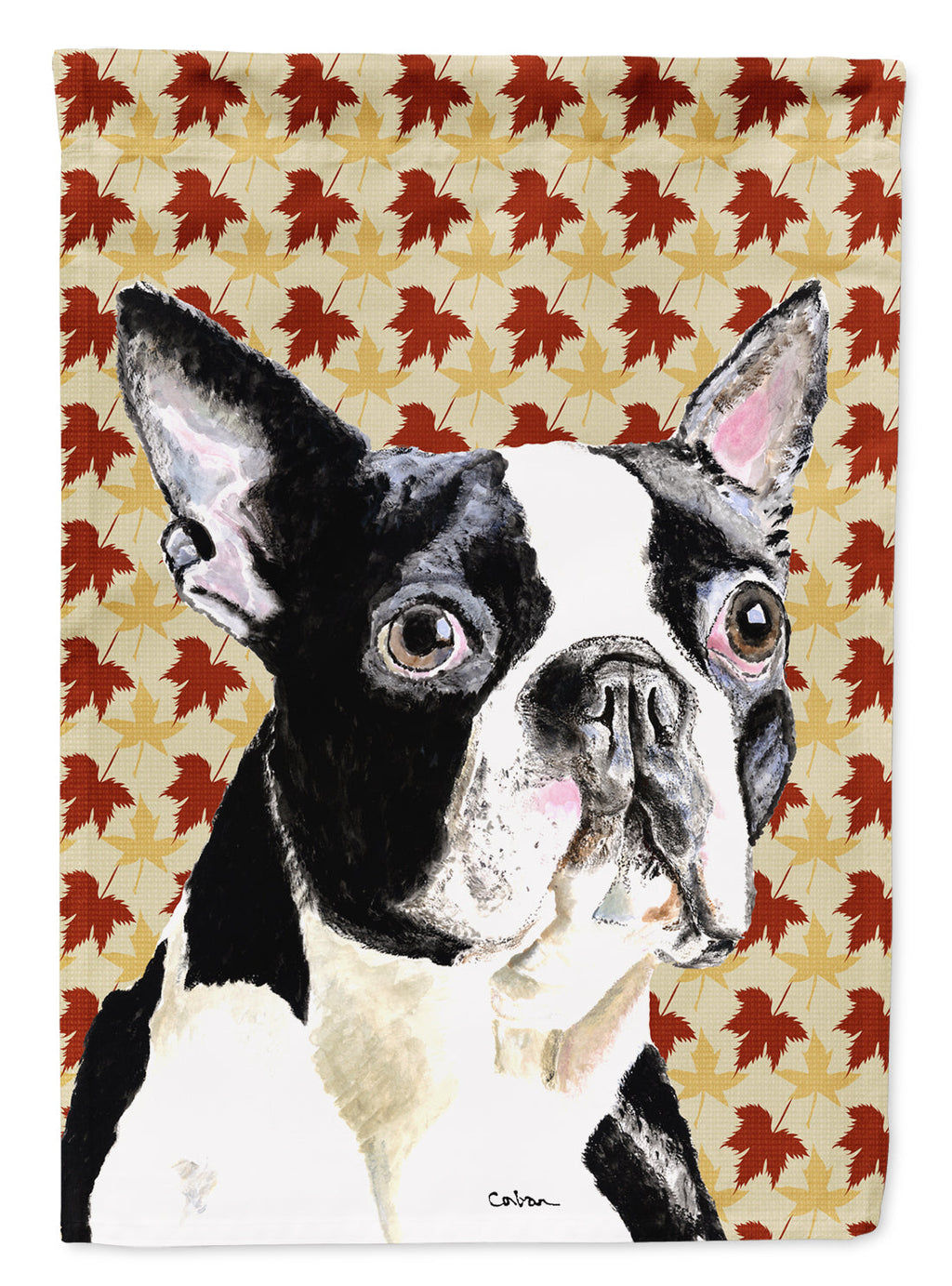 Boston Terrier Fall Leaves Portrait House Flag 28x40 Porch Sleeve Pole Decorative Outside Yard Banner Artwork Wall Hanging, Polyester