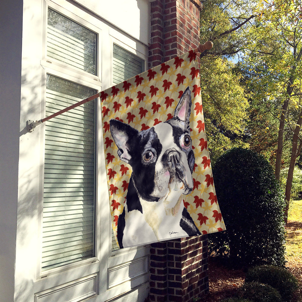 Boston Terrier Fall Leaves Portrait House Flag 28x40 Porch Sleeve Pole Decorative Outside Yard Banner Artwork Wall Hanging, Polyester