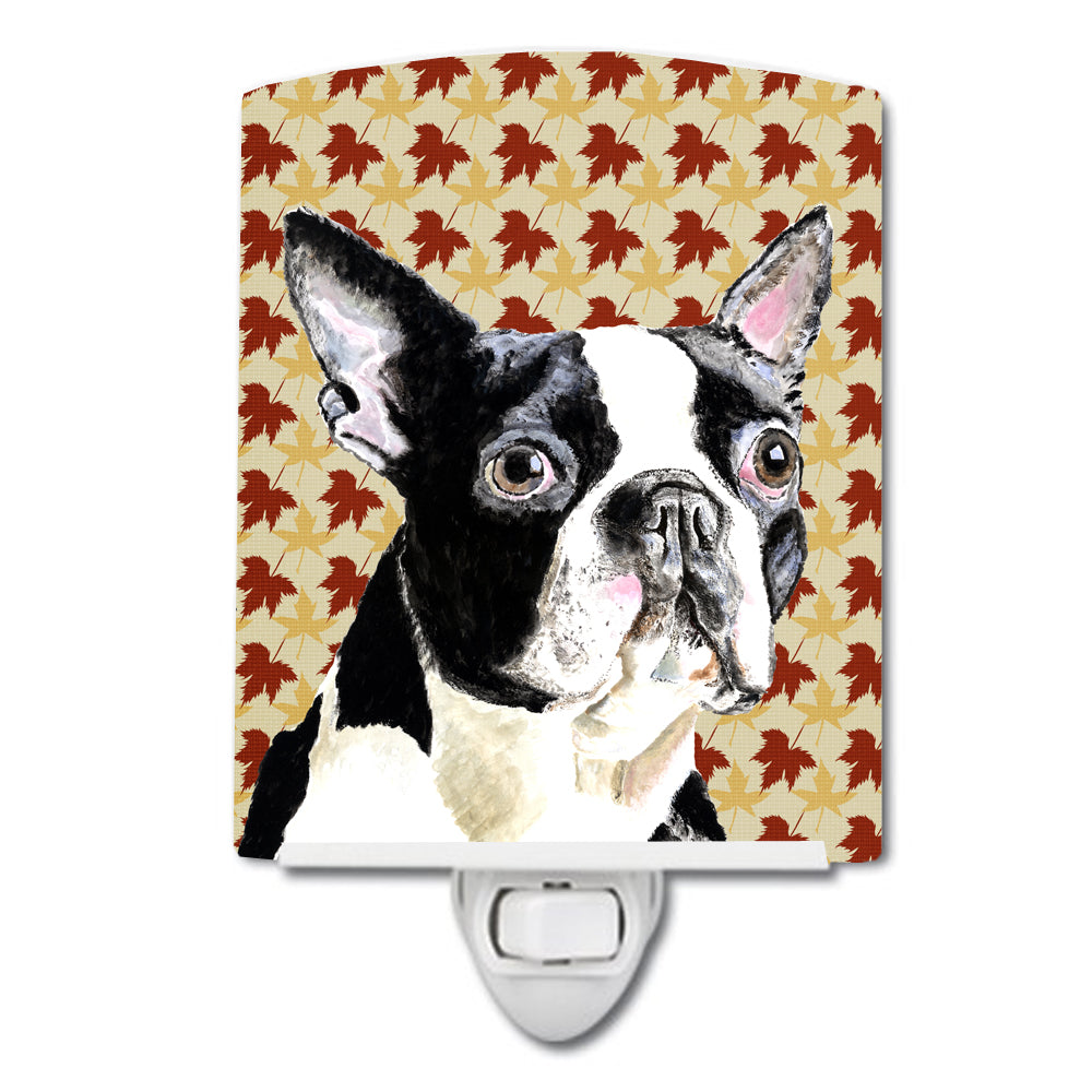 Boston Terrier Fall Leaves Portrait Ceramic Night Light Compact, UL-Certified, Ideal for Bedroom, Bathroom, Nursery, Hallway, Kitchen, 6x4x3, Multicolor