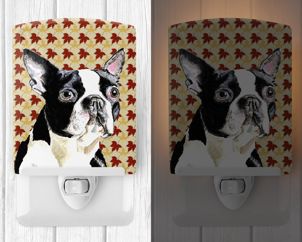 Boston Terrier Fall Leaves Portrait Ceramic Night Light Compact, UL-Certified, Ideal for Bedroom, Bathroom, Nursery, Hallway, Kitchen, 6x4x3, Multicolor