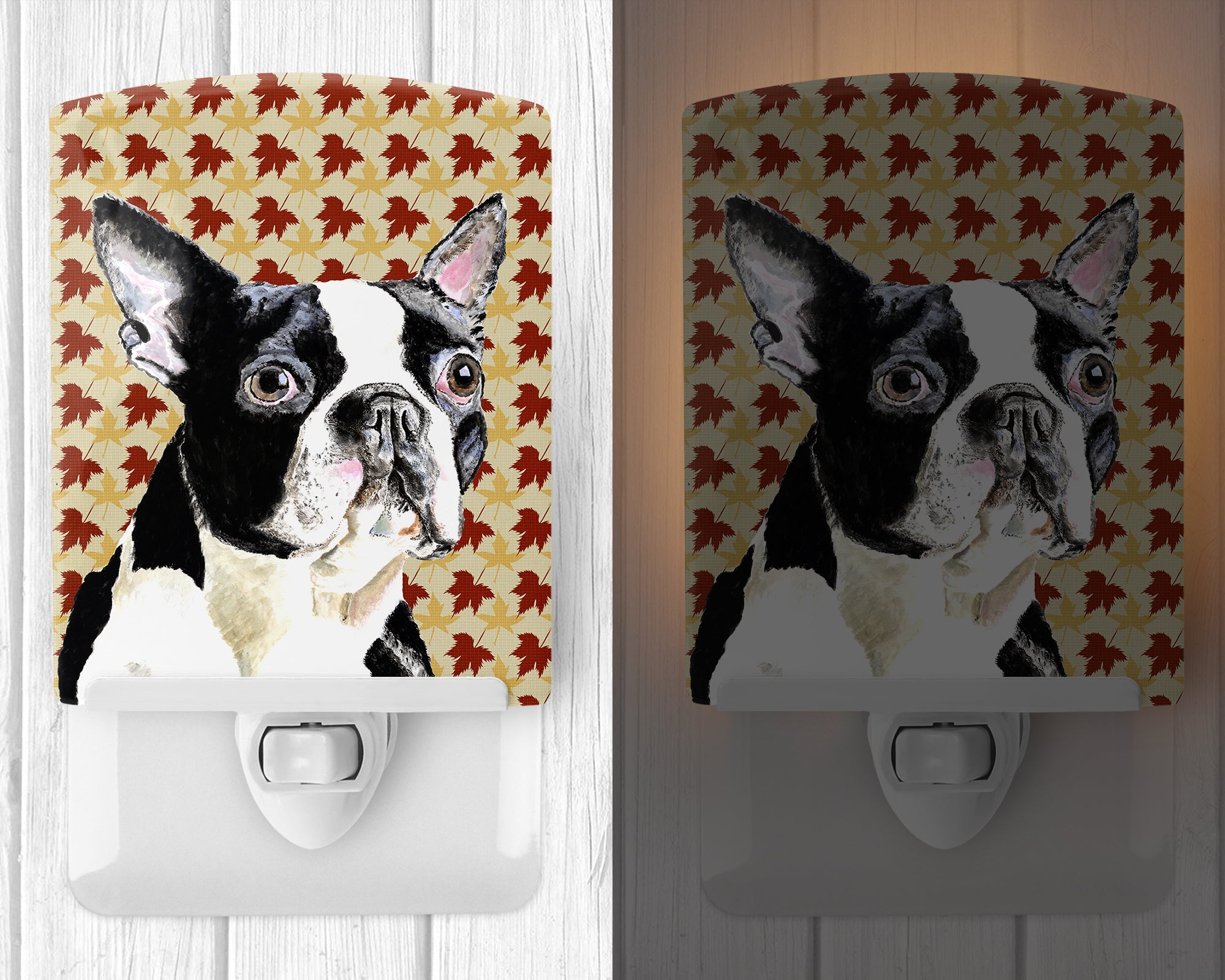 Boston Terrier Fall Leaves Portrait Ceramic Night Light Compact, UL-Certified, Ideal for Bedroom, Bathroom, Nursery, Hallway, Kitchen, 6x4x3, Multicolor