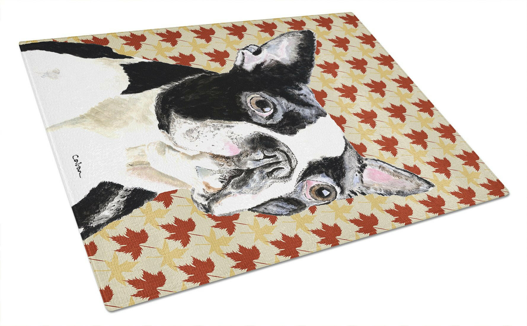Boston Terrier Fall Leaves Portrait Cutting Board Tempered Glass Kitchen Cutting Surface, Heat Resistant Chopping, Non-Slip Feet, Food Prep & Serving