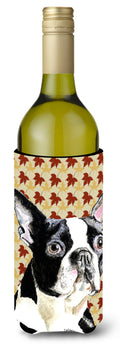 Boston Terrier Fall Leaves Portrait Wine Bottle Hugger Gift Sleeve for Standard 750 ml Bottles, Insulated Reusable Also Fits Mini Shot & Pint Bottles