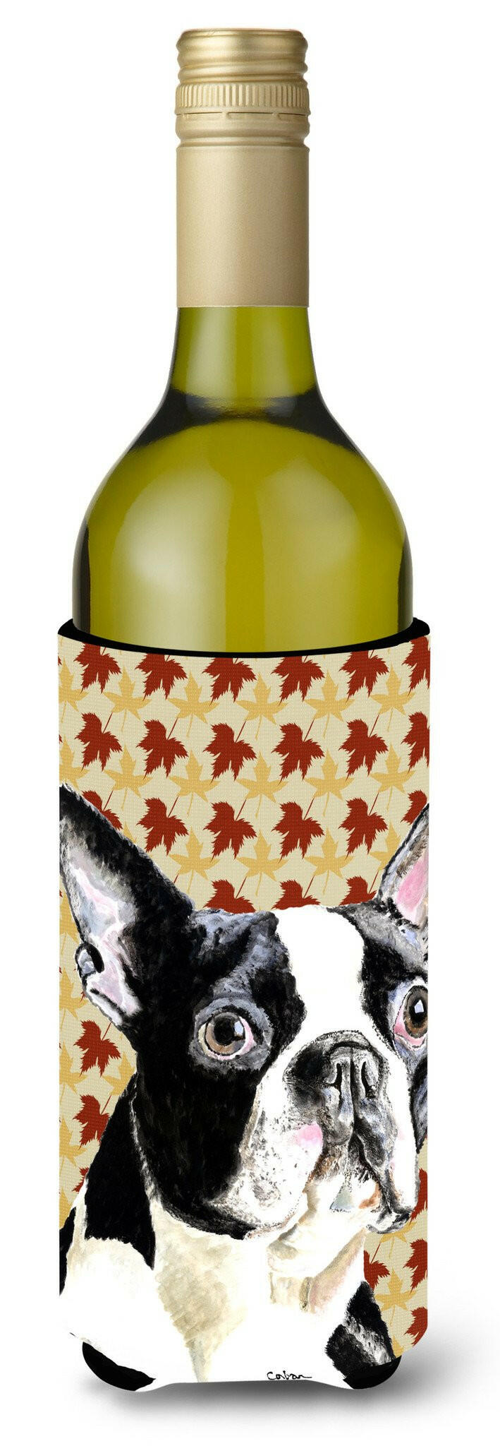 Boston Terrier Fall Leaves Portrait Wine Bottle Hugger Gift Sleeve for Standard 750 ml Bottles, Insulated Reusable Also Fits Mini Shot & Pint Bottles