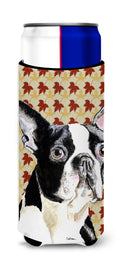 Boston Terrier Fall Leaves Portrait Slim Can Hugger , Insulated Foam Hugger for 12 oz Slim Cans, Beer Bottles & Water Bottles, Printed in USA