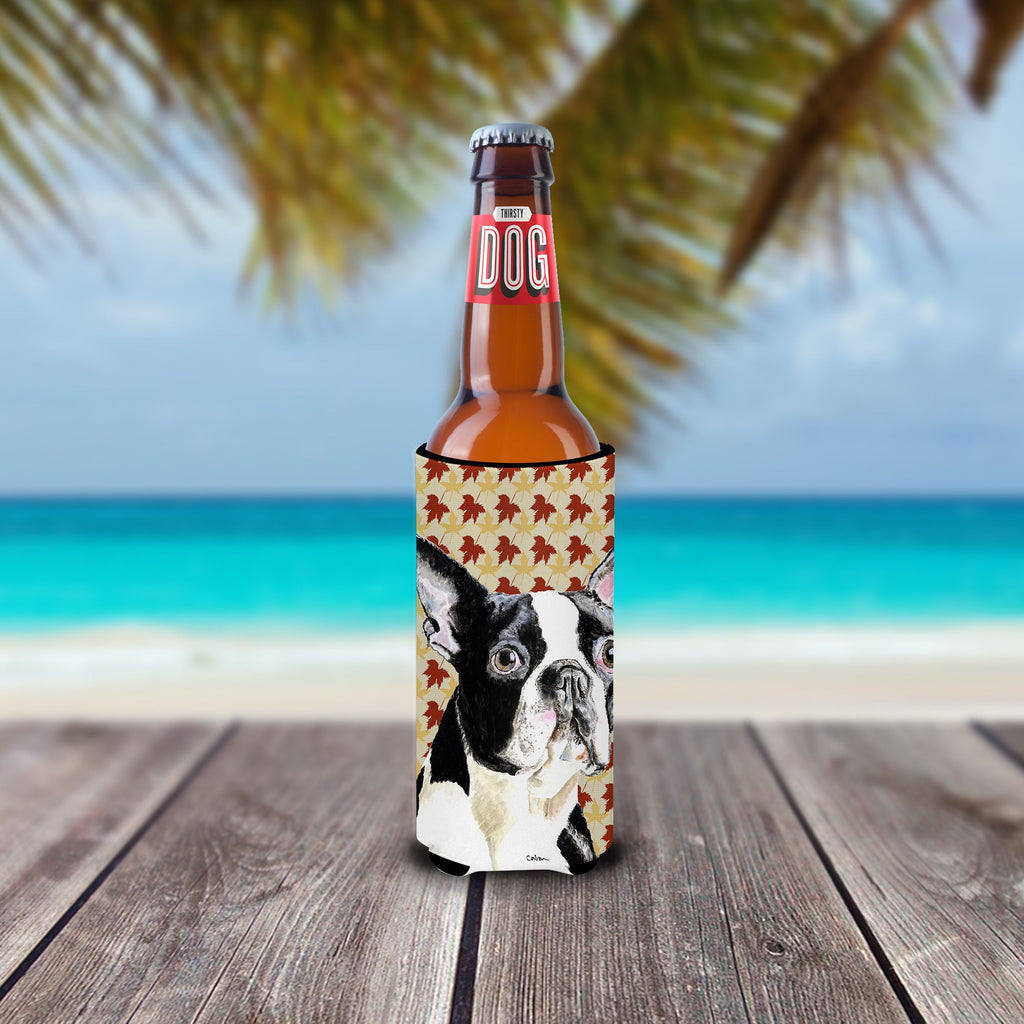 Boston Terrier Fall Leaves Portrait Slim Can Hugger , Insulated Foam Hugger for 12 oz Slim Cans, Beer Bottles & Water Bottles, Printed in USA