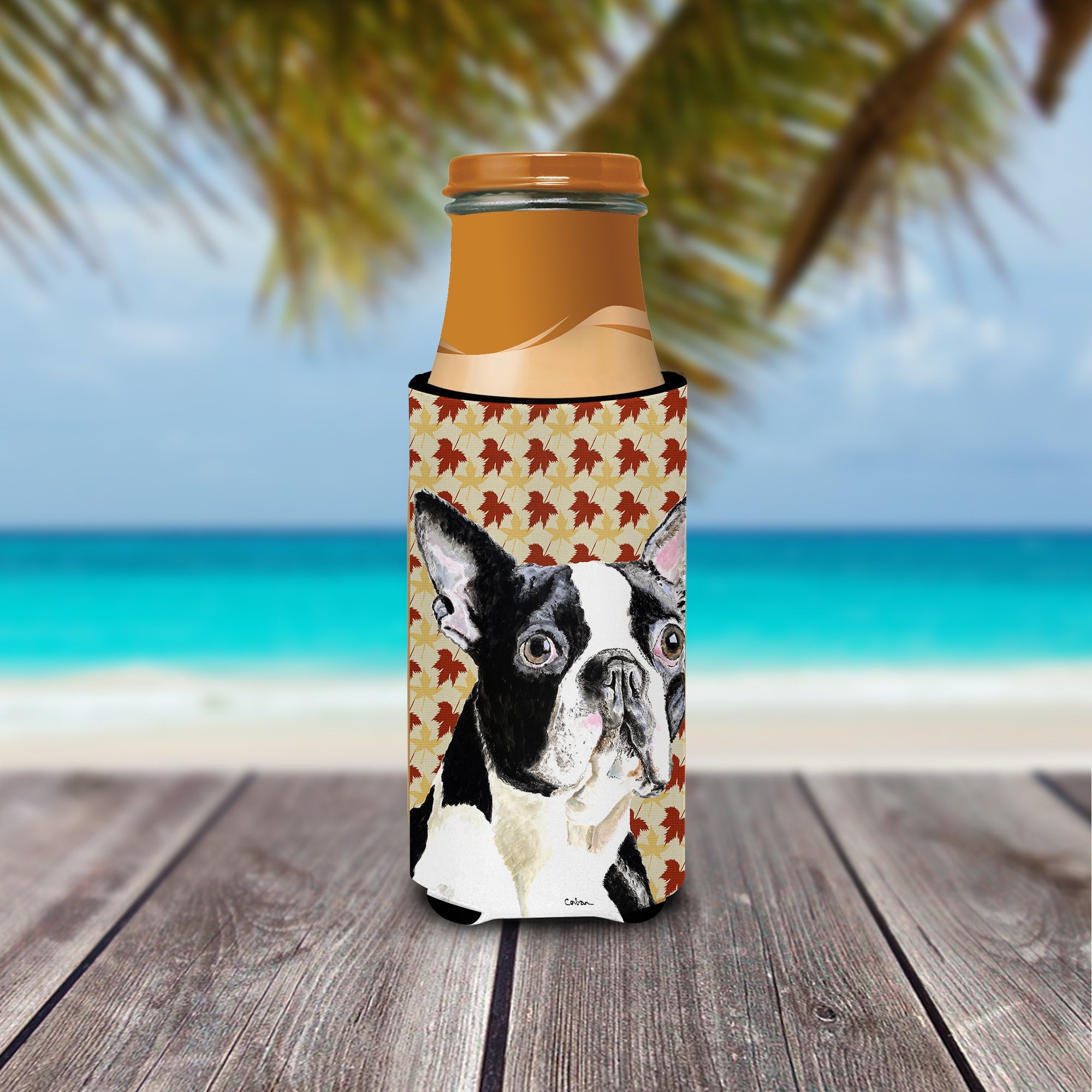 Boston Terrier Fall Leaves Portrait Slim Can Hugger , Insulated Foam Hugger for 12 oz Slim Cans, Beer Bottles & Water Bottles, Printed in USA