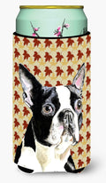 Boston Terrier Fall Leaves Portrait Tall Boy Hugger Can Cooler Sleeve Machine Washable Drink Collapsible Insulator Beverage Insulated Holder