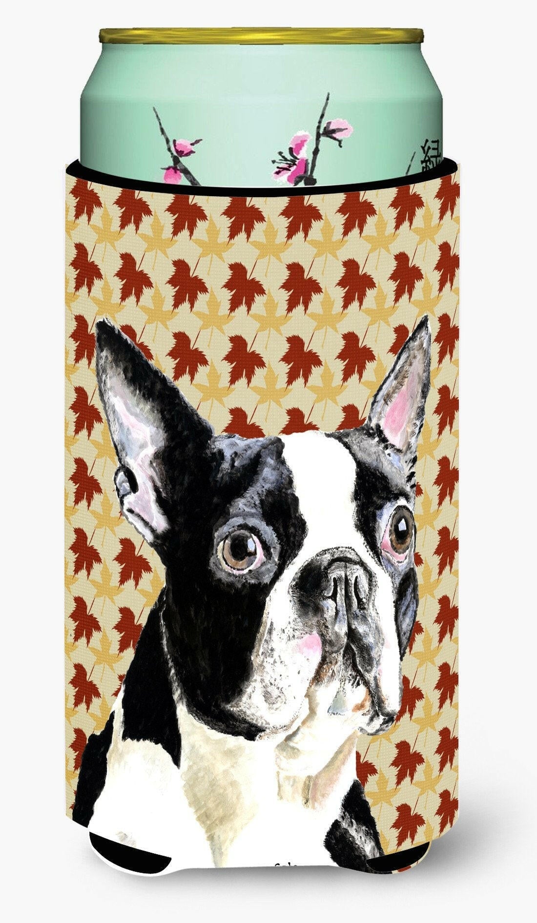 Boston Terrier Fall Leaves Portrait Tall Boy Hugger Can Cooler Sleeve Machine Washable Drink Collapsible Insulator Beverage Insulated Holder
