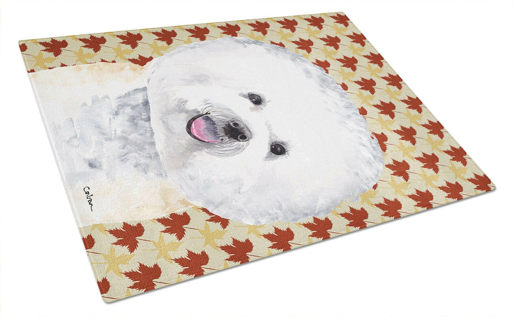 Bichon Frise Fall Leaves Portrait Cutting Board Tempered Glass Kitchen Cutting Surface, Heat Resistant Chopping, Non-Slip Feet, Food Prep & Serving