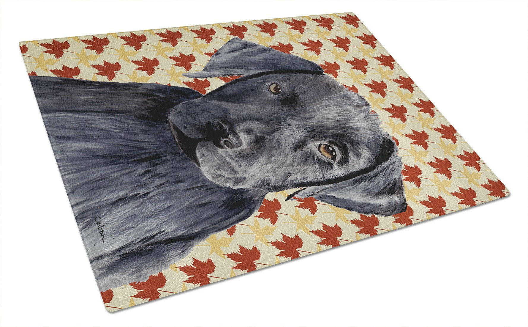 Labrador Black Fall Leaves Portrait Cutting Board Tempered Glass Kitchen Cutting Surface, Heat Resistant Chopping, Non-Slip Feet, Food Prep & Serving