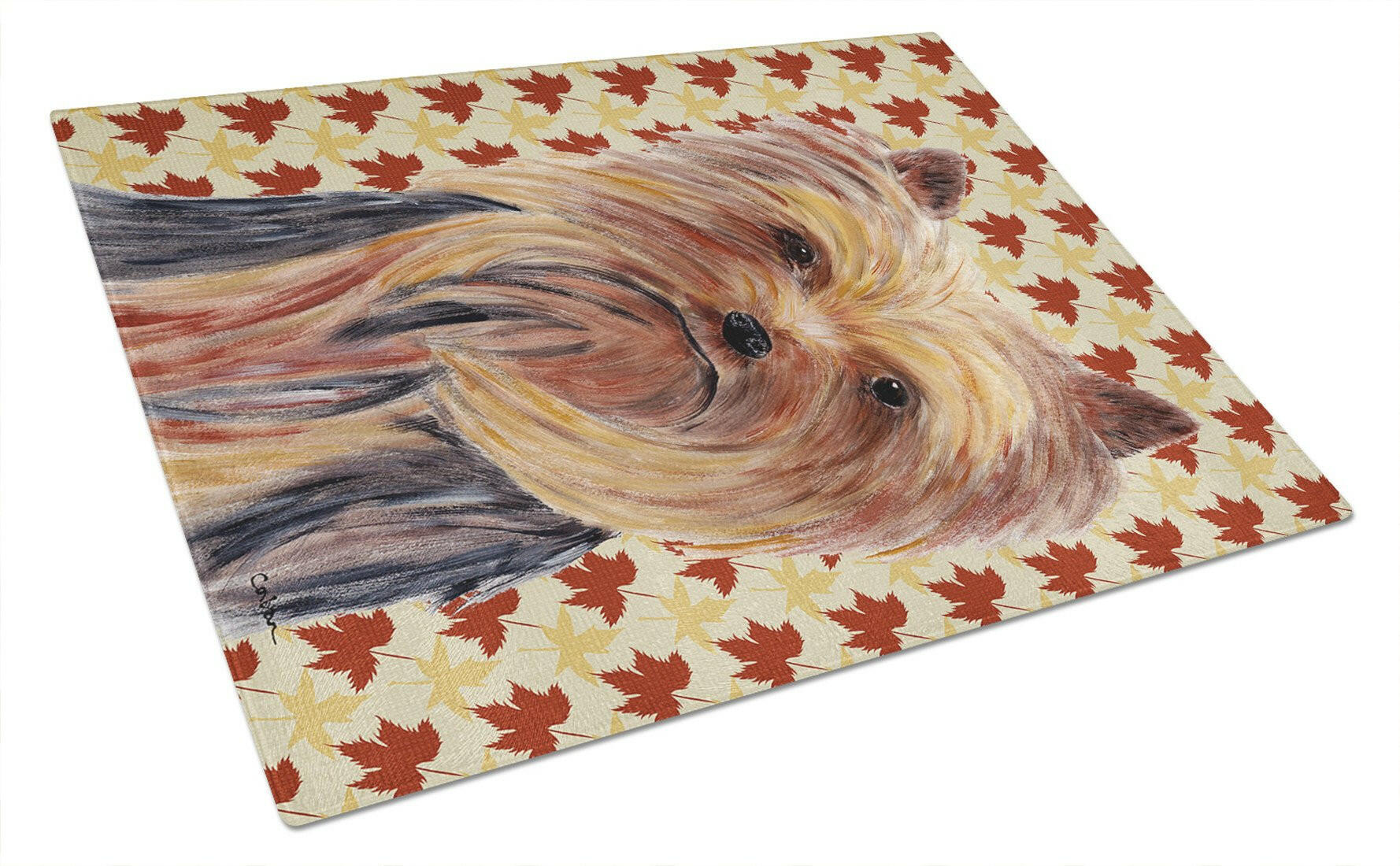 Yorkie Fall Leaves Portrait Cutting Board Tempered Glass Kitchen Cutting Surface, Heat Resistant Chopping, Non-Slip Feet, Food Prep & Serving
