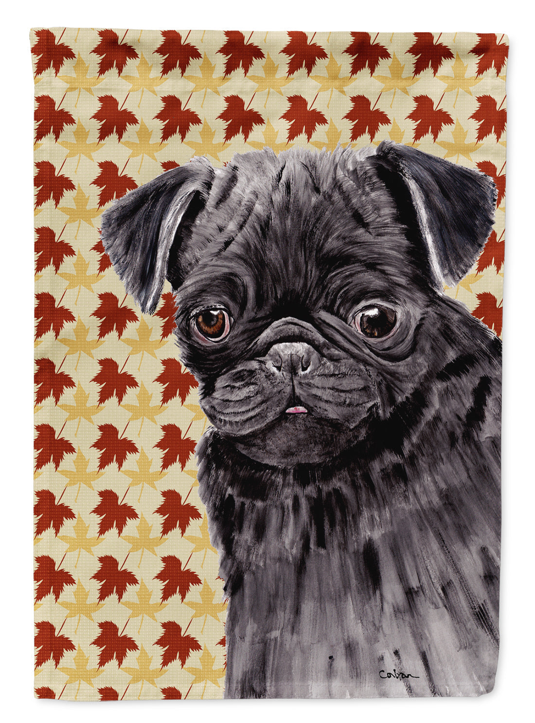 Pug Black Fall Leaves Portrait House Flag 28x40 Porch Sleeve Pole Decorative Outside Yard Banner Artwork Wall Hanging, Polyester