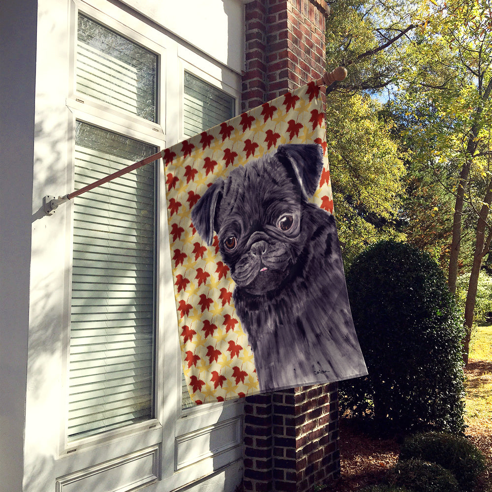Pug Black Fall Leaves Portrait House Flag 28x40 Porch Sleeve Pole Decorative Outside Yard Banner Artwork Wall Hanging, Polyester