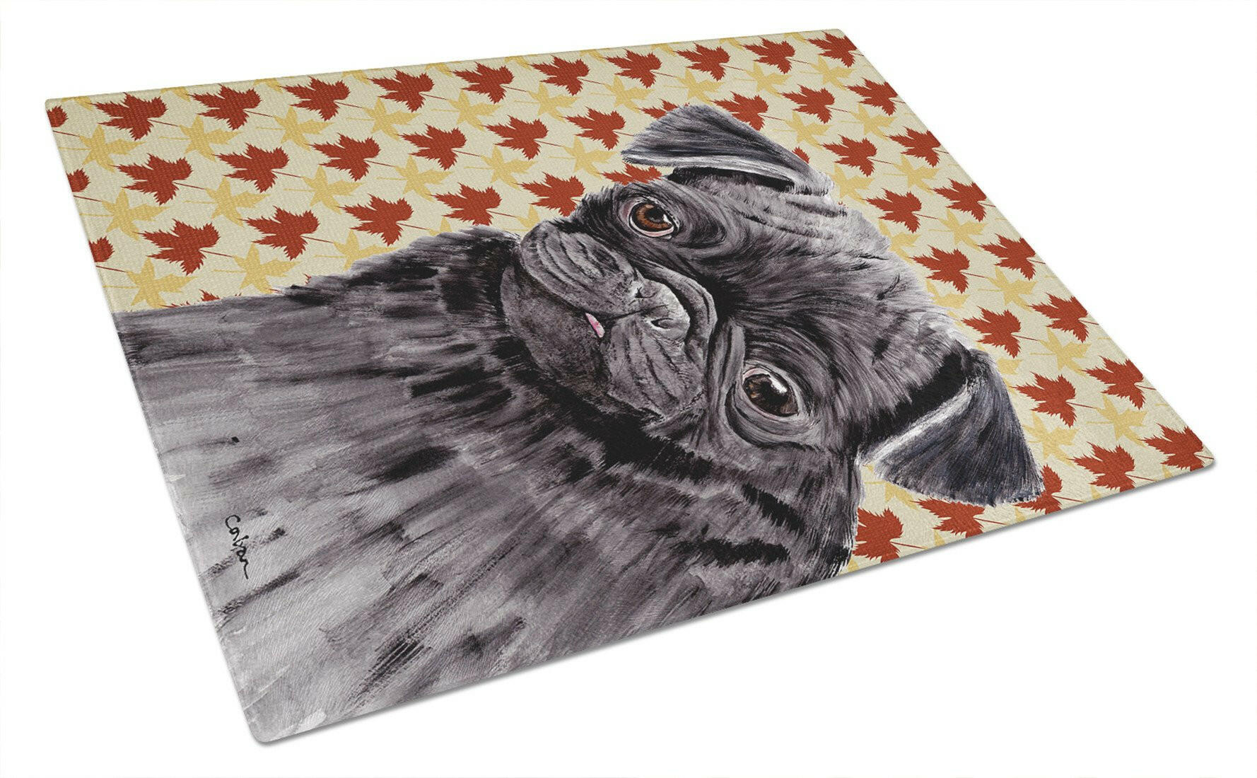 Pug Black Fall Leaves Portrait Cutting Board Tempered Glass Kitchen Cutting Surface, Heat Resistant Chopping, Non-Slip Feet, Food Prep & Serving