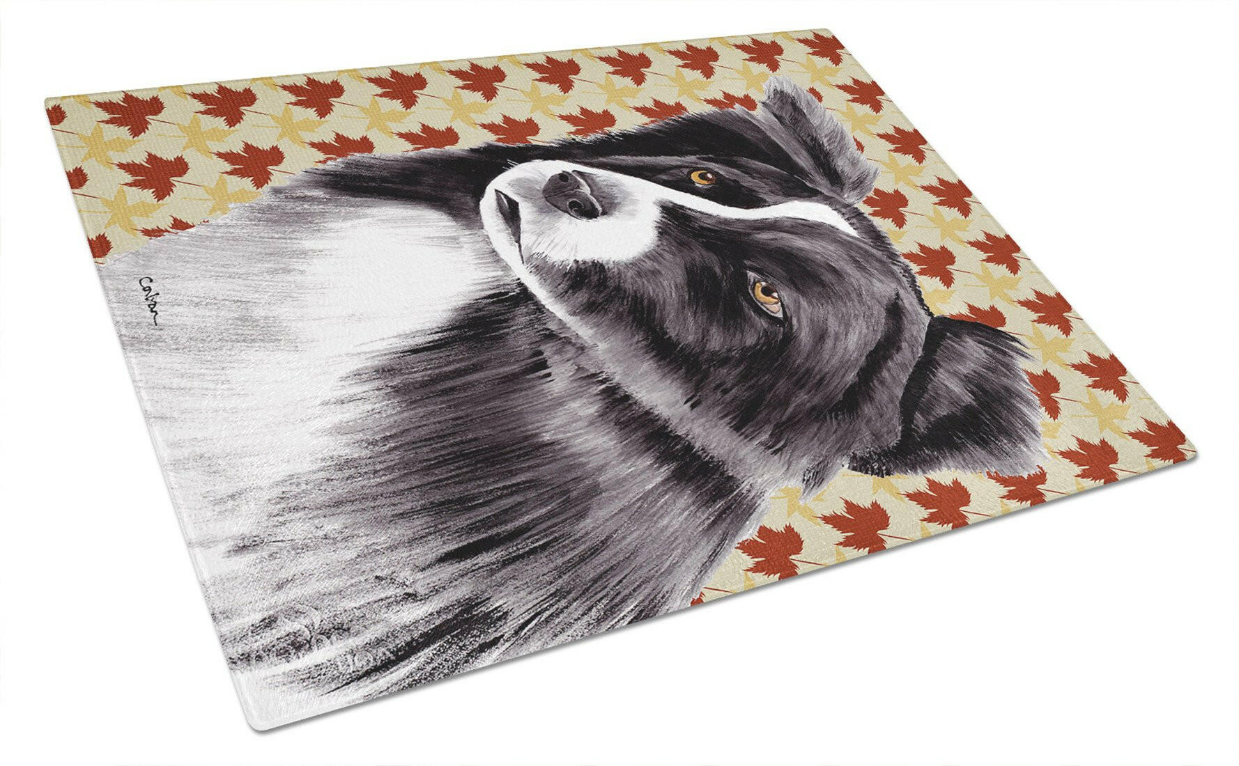 Border Collie Fall Leaves Portrait Cutting Board Tempered Glass Kitchen Cutting Surface, Heat Resistant Chopping, Non-Slip Feet, Food Prep & Serving