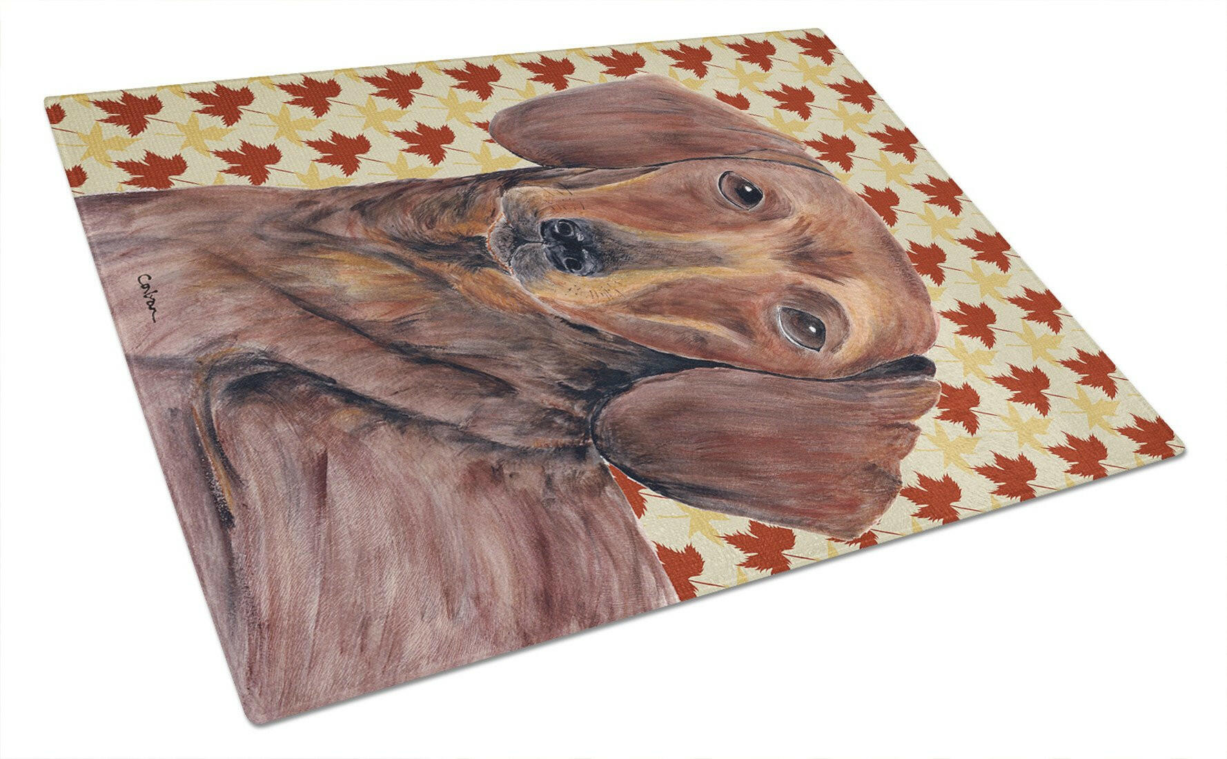 Dachshund Fall Leaves Portrait Cutting Board Tempered Glass Kitchen Cutting Surface, Heat Resistant Chopping, Non-Slip Feet, Food Prep & Serving