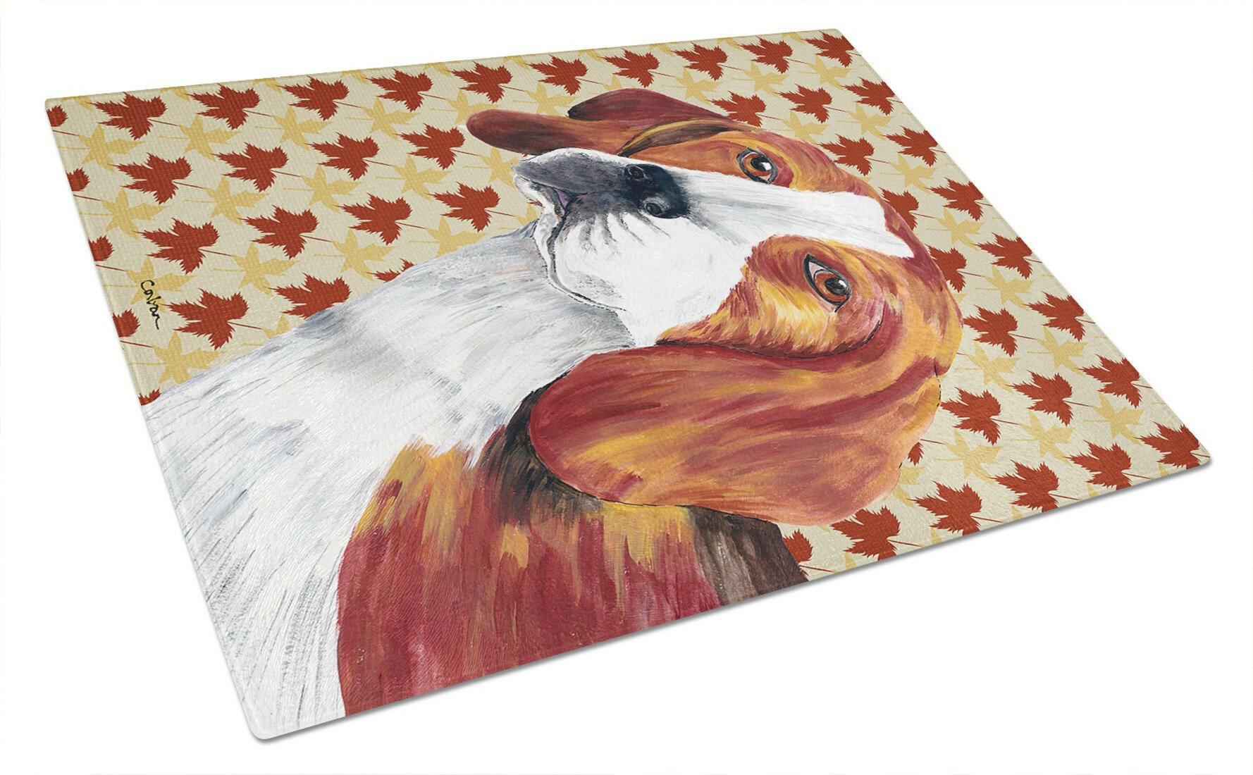 Beagle Fall Leaves Portrait Cutting Board Tempered Glass Kitchen Cutting Surface, Heat Resistant Chopping, Non-Slip Feet, Food Prep & Serving