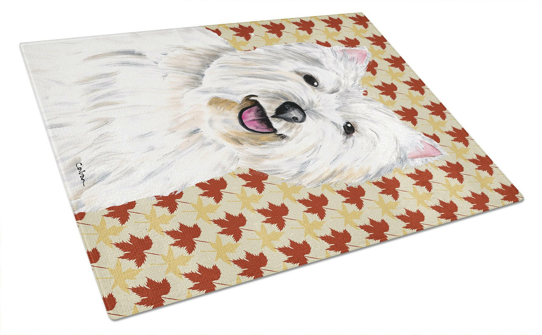 Westie Fall Leaves Portrait Cutting Board Tempered Glass Kitchen Cutting Surface, Heat Resistant Chopping, Non-Slip Feet, Food Prep & Serving