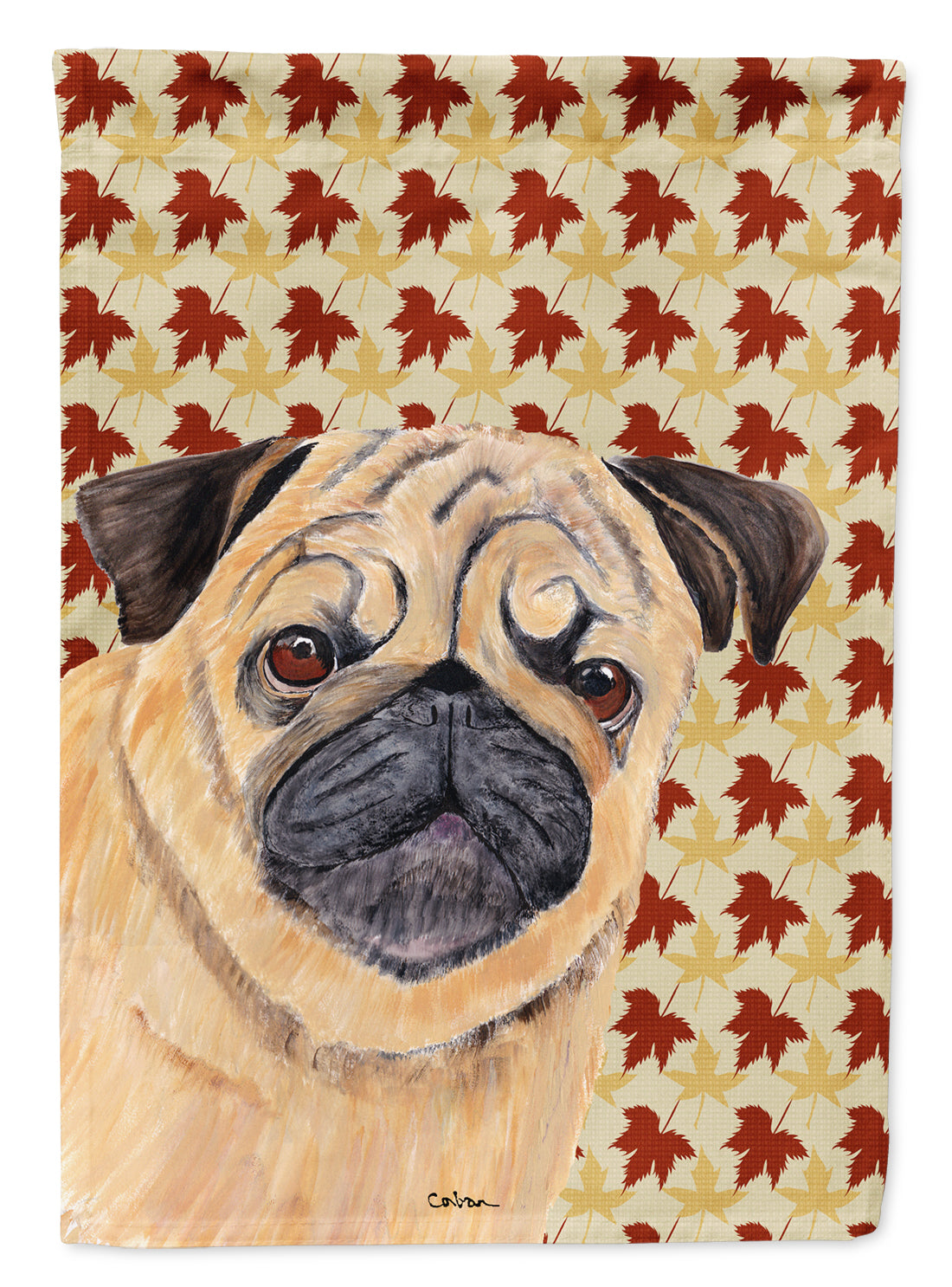 Pug Fall Leaves Portrait House Flag 28x40 Porch Sleeve Pole Decorative Outside Yard Banner Artwork Wall Hanging, Polyester