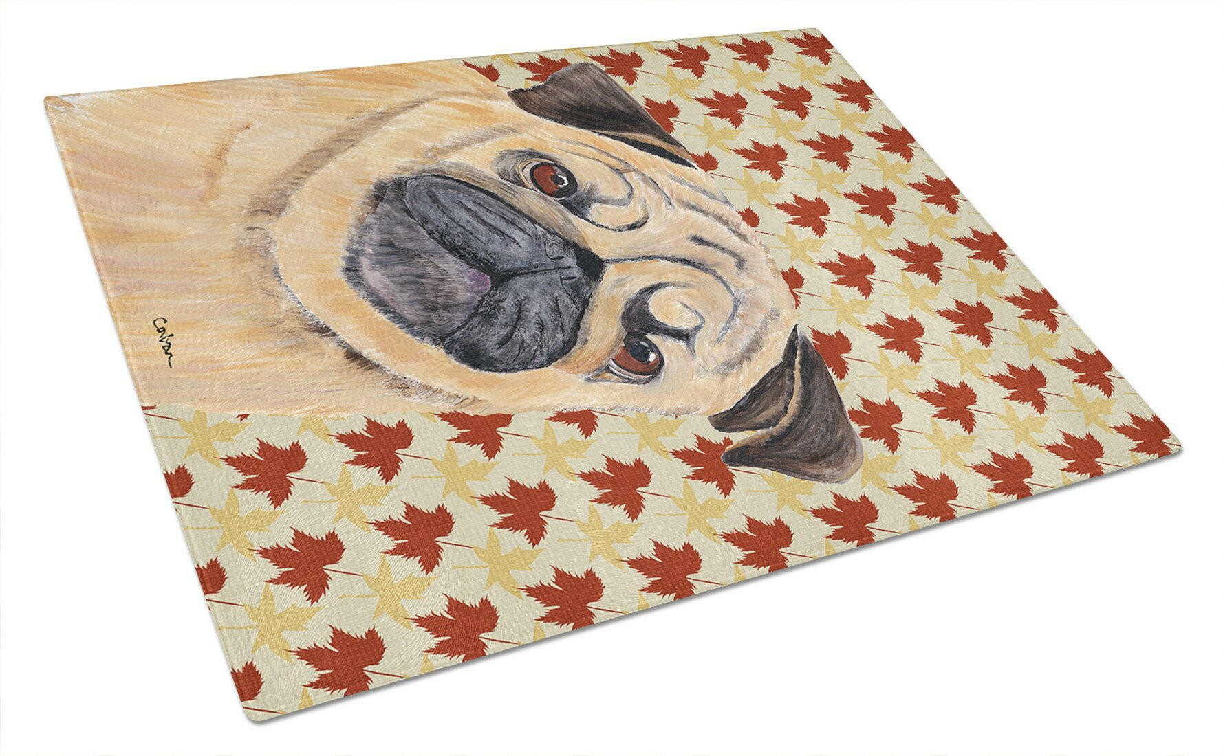 Pug Fall Leaves Portrait Cutting Board Tempered Glass Kitchen Cutting Surface, Heat Resistant Chopping, Non-Slip Feet, Food Prep & Serving