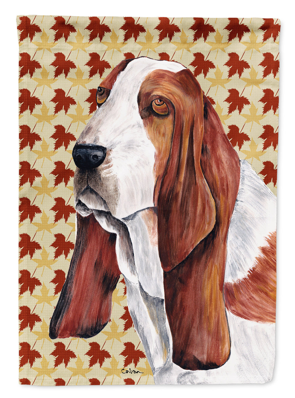 Basset Hound Fall Leaves Portrait House Flag 28x40 Porch Sleeve Pole Decorative Outside Yard Banner Artwork Wall Hanging, Polyester