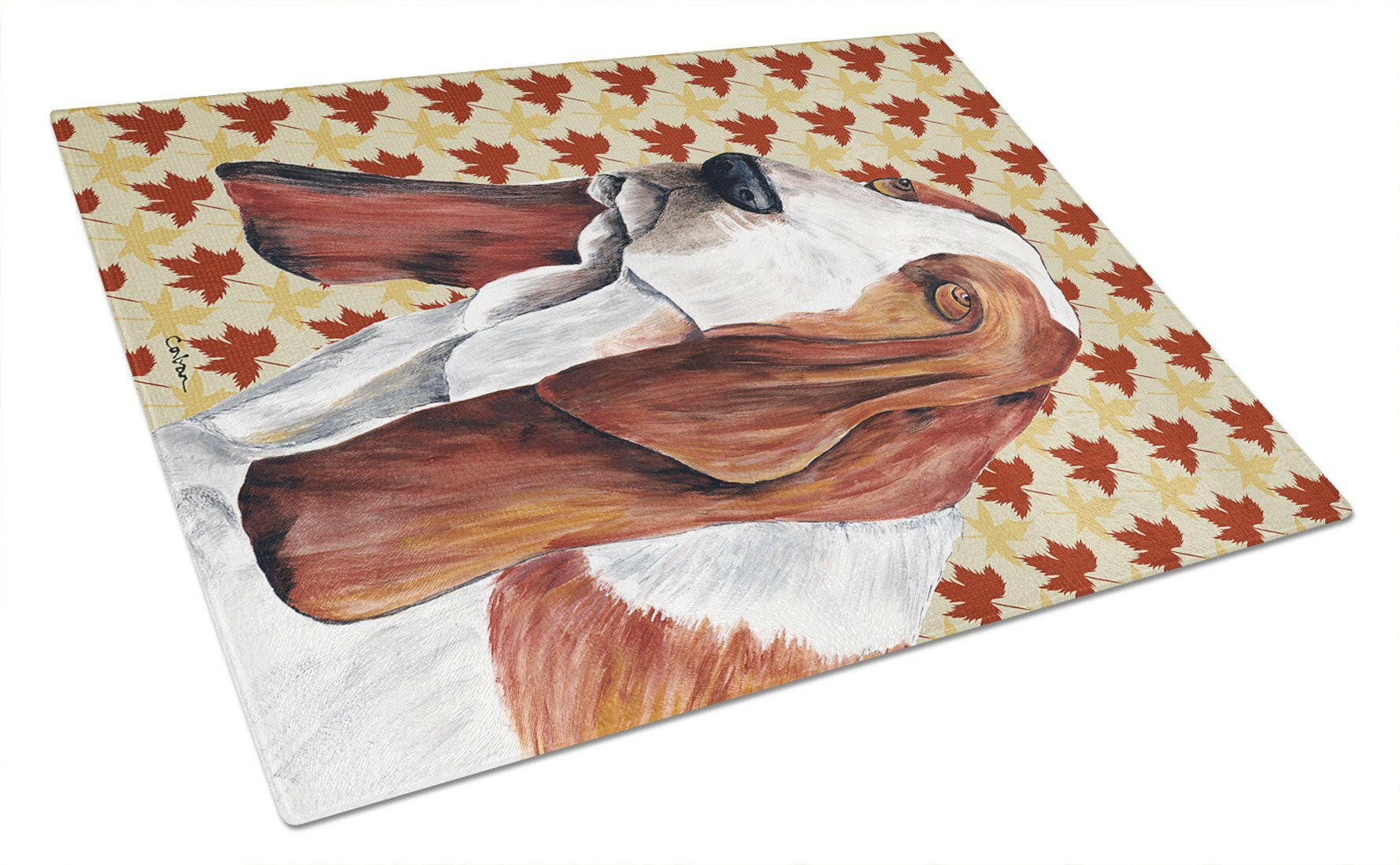 Basset Hound Fall Leaves Portrait Cutting Board Tempered Glass Kitchen Cutting Surface, Heat Resistant Chopping, Non-Slip Feet, Food Prep & Serving