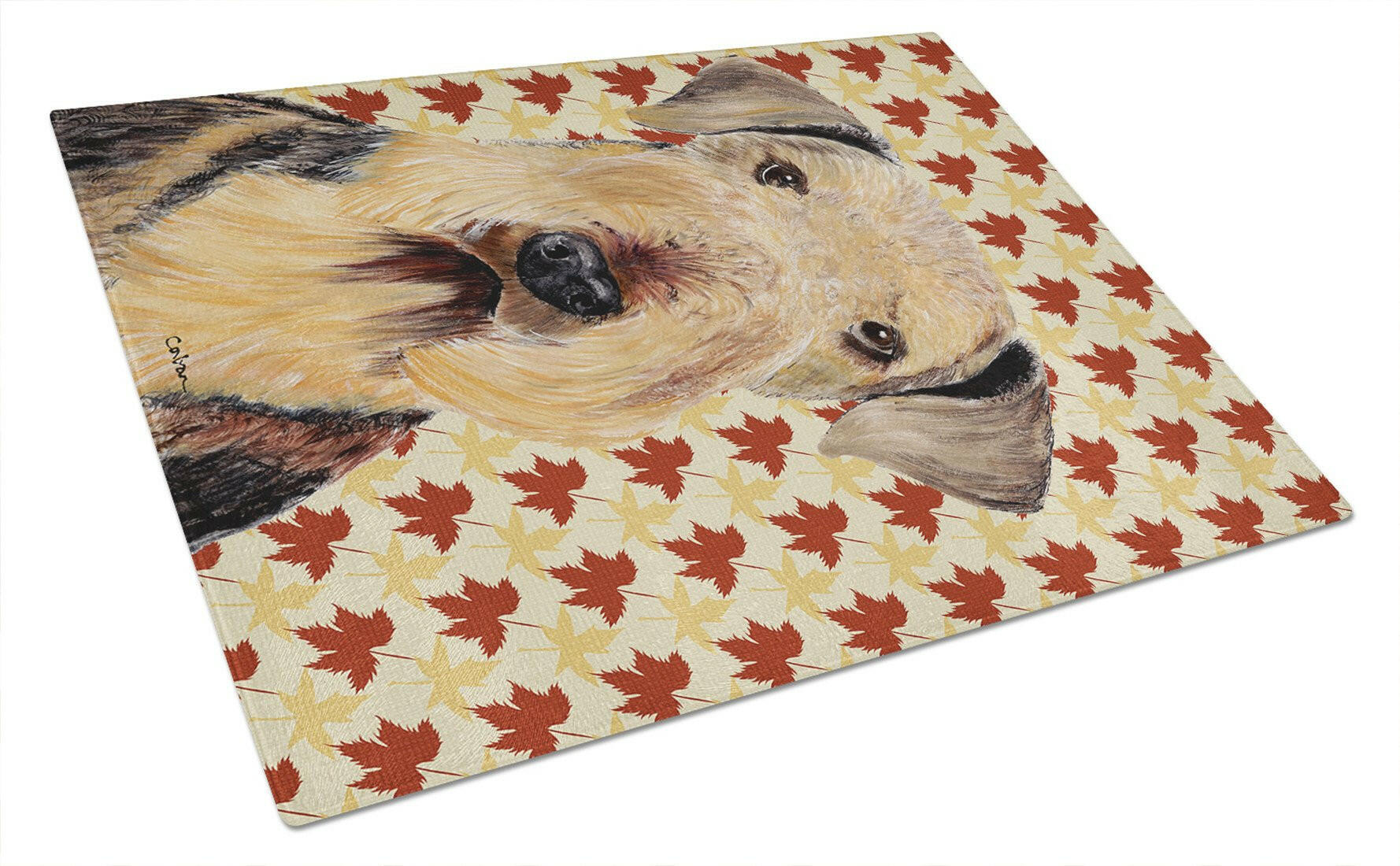 Airedale Fall Leaves Portrait Cutting Board Tempered Glass Kitchen Cutting Surface, Heat Resistant Chopping, Non-Slip Feet, Food Prep & Serving