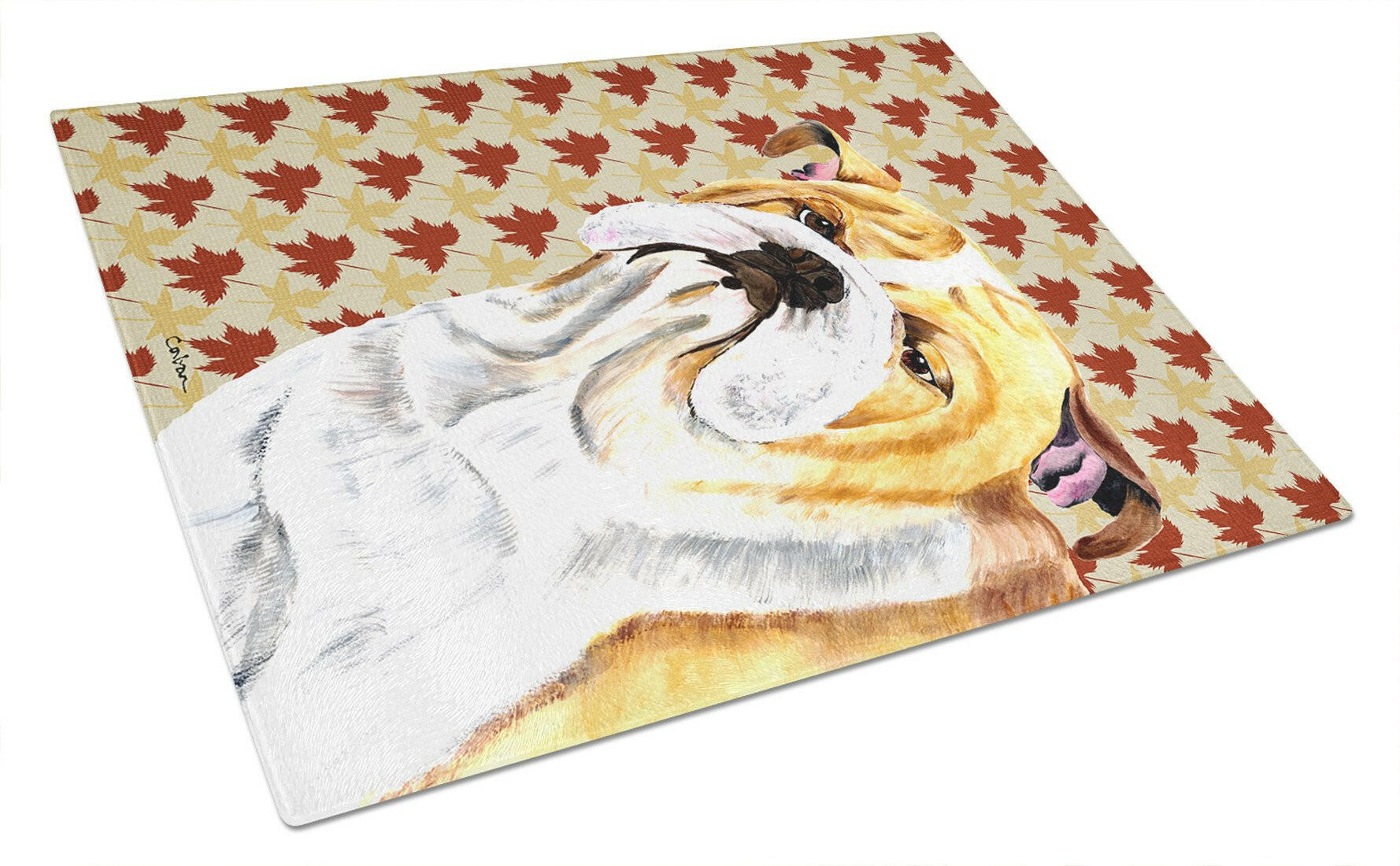 Bulldog English Fall Leaves Portrait Cutting Board Tempered Glass Kitchen Cutting Surface, Heat Resistant Chopping, Non-Slip Feet, Food Prep & Serving