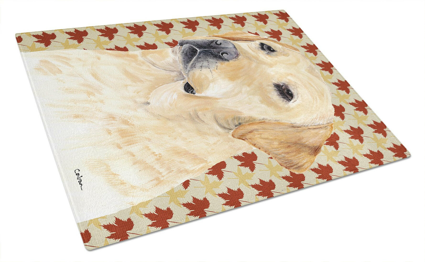 Labrador Yellow Fall Leaves Portrait Cutting Board Tempered Glass Kitchen Cutting Surface, Heat Resistant Chopping, Non-Slip Feet, Food Prep & Serving