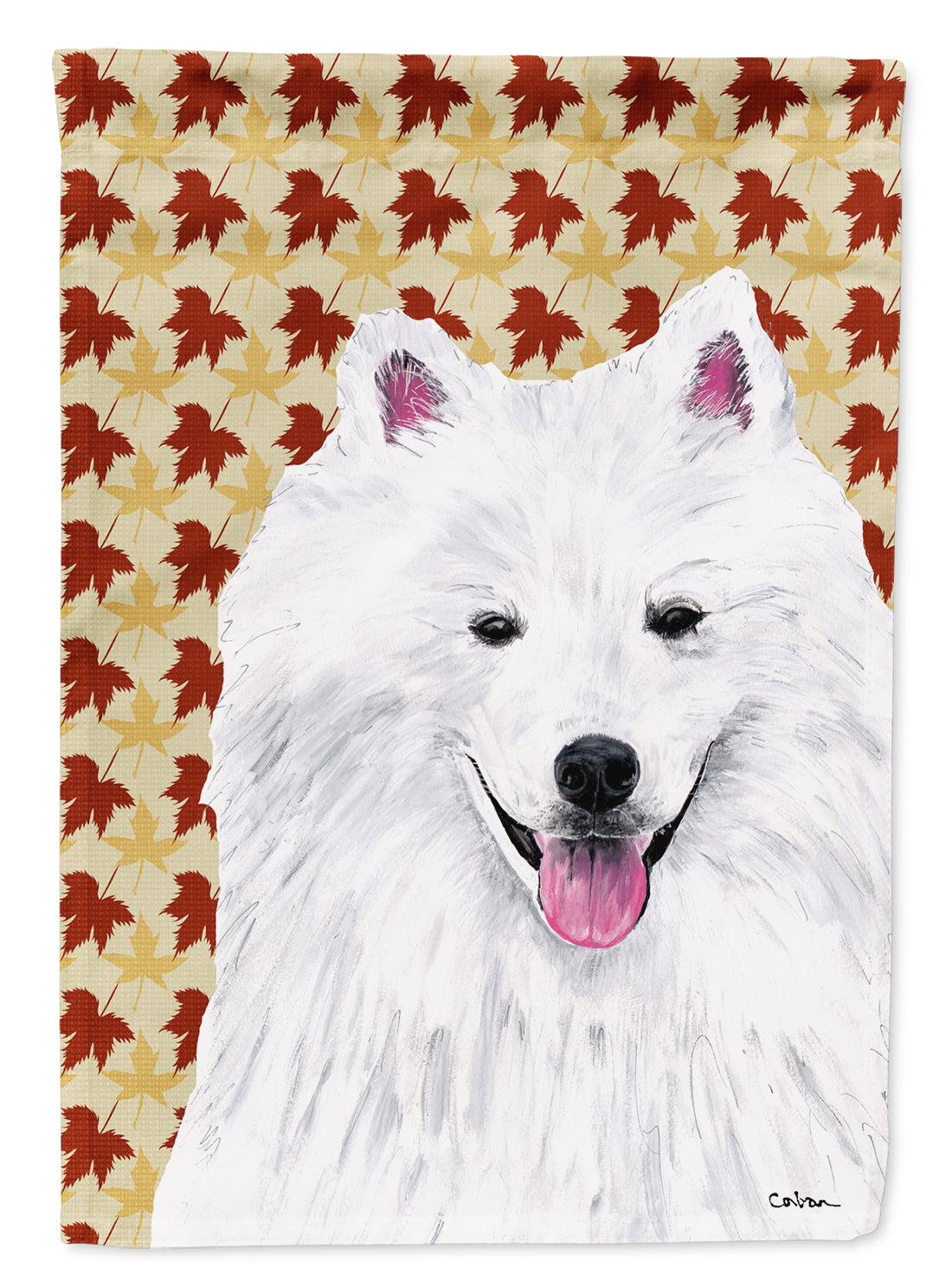 American Eskimo Fall Leaves Portrait House Flag 28x40 Porch Sleeve Pole Decorative Outside Yard Banner Artwork Wall Hanging, Polyester