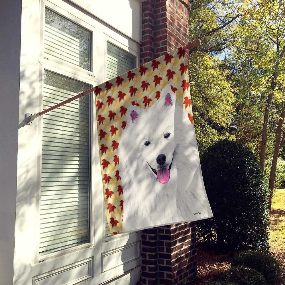 American Eskimo Fall Leaves Portrait House Flag 28x40 Porch Sleeve Pole Decorative Outside Yard Banner Artwork Wall Hanging, Polyester