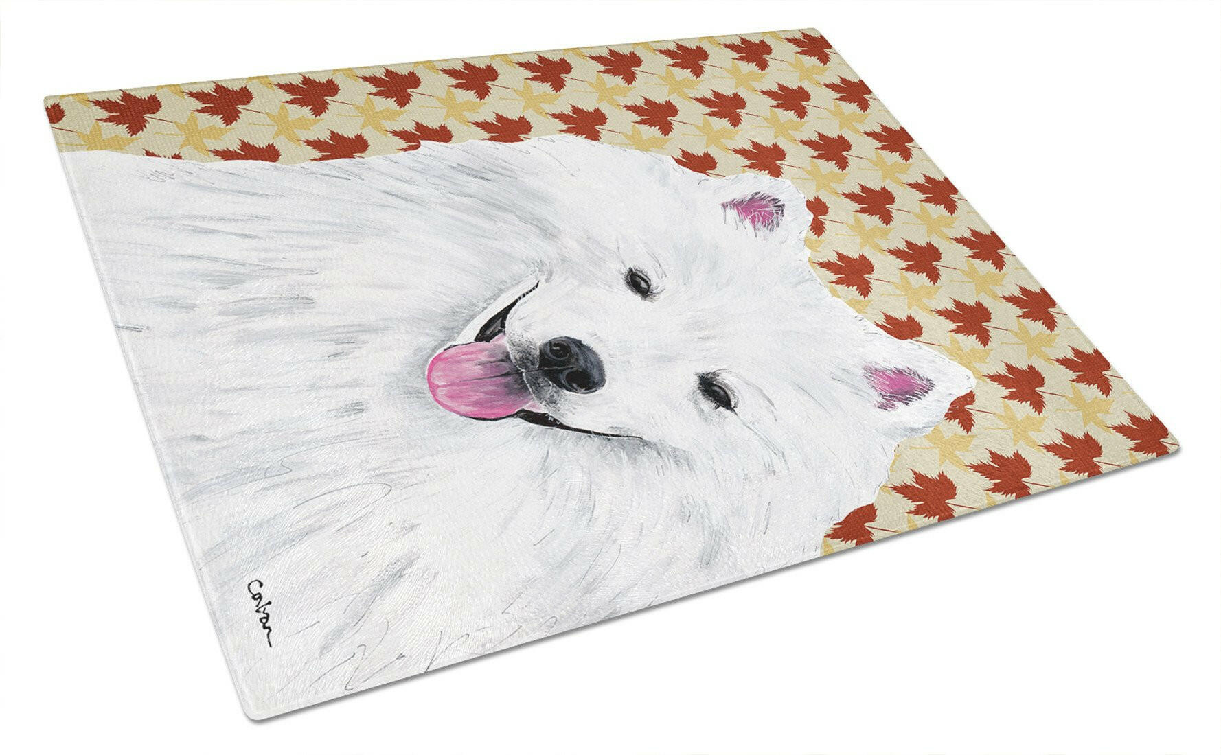 American Eskimo Fall Leaves Portrait Cutting Board Tempered Glass Kitchen Cutting Surface, Heat Resistant Chopping, Non-Slip Feet, Food Prep & Serving