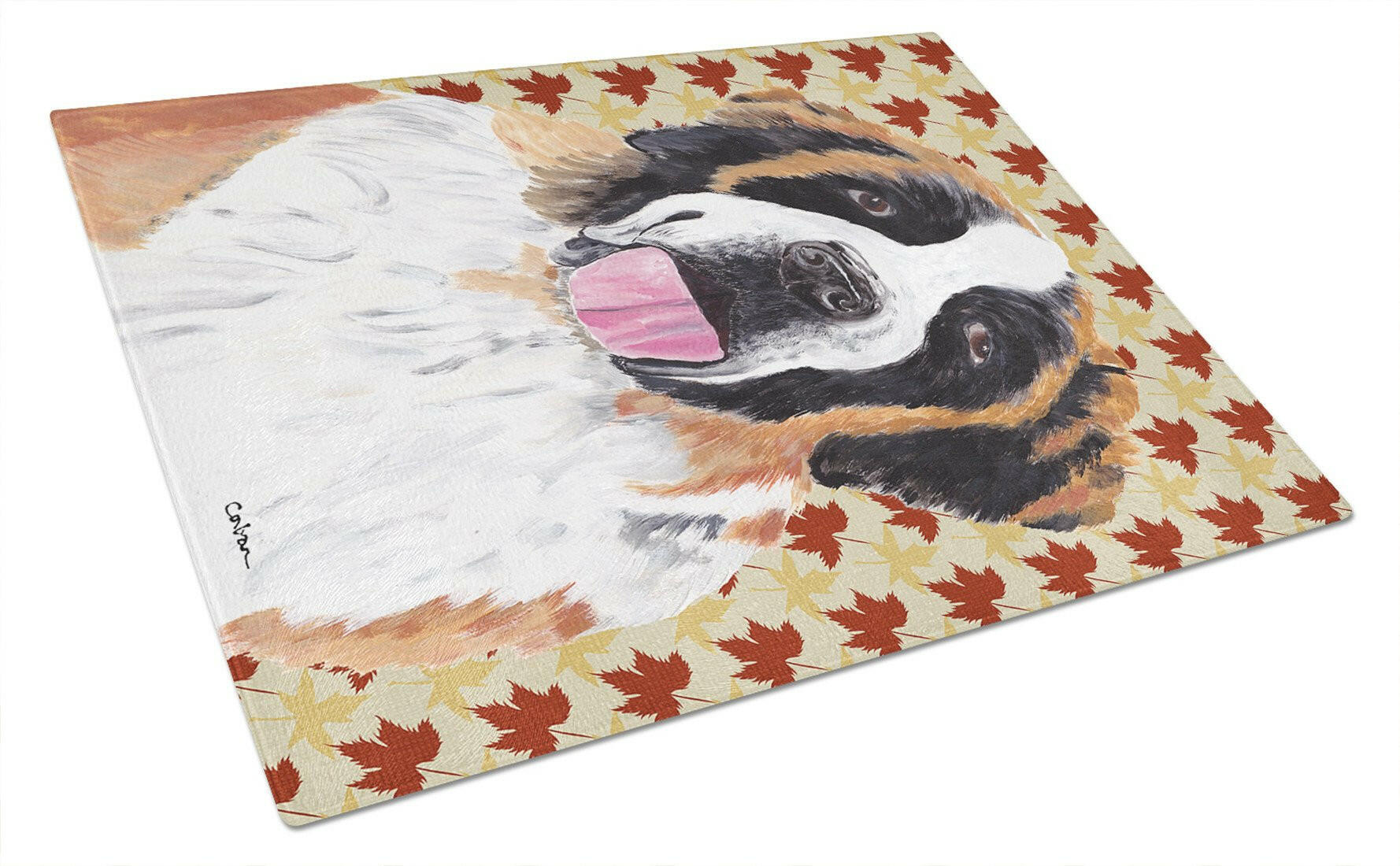 Saint Bernard Fall Leaves Portrait Cutting Board Tempered Glass Kitchen Cutting Surface, Heat Resistant Chopping, Non-Slip Feet, Food Prep & Serving