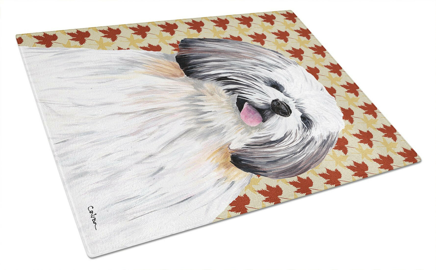 Shih Tzu Fall Leaves Portrait Cutting Board Tempered Glass Kitchen Cutting Surface, Heat Resistant Chopping, Non-Slip Feet, Food Prep & Serving