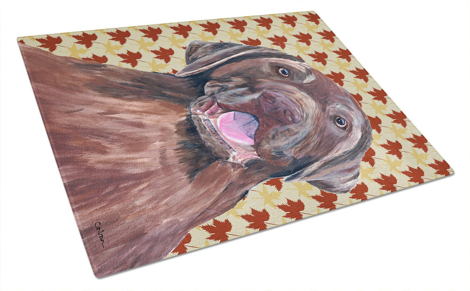 Labrador Chocolate Fall Leaves Portrait Cutting Board Tempered Glass Kitchen Cutting Surface, Heat Resistant Chopping, Non-Slip Feet, Food Prep & Serving
