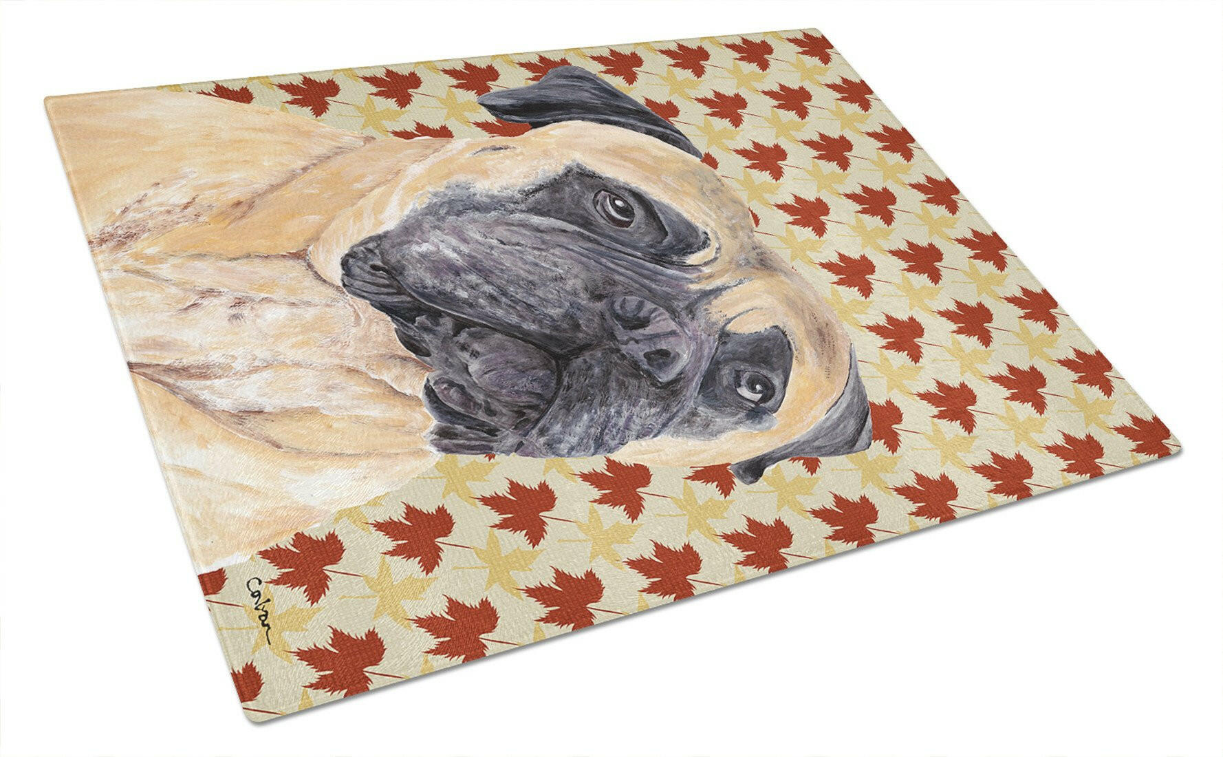 Mastiff Fall Leaves Portrait Cutting Board Tempered Glass Kitchen Cutting Surface, Heat Resistant Chopping, Non-Slip Feet, Food Prep & Serving