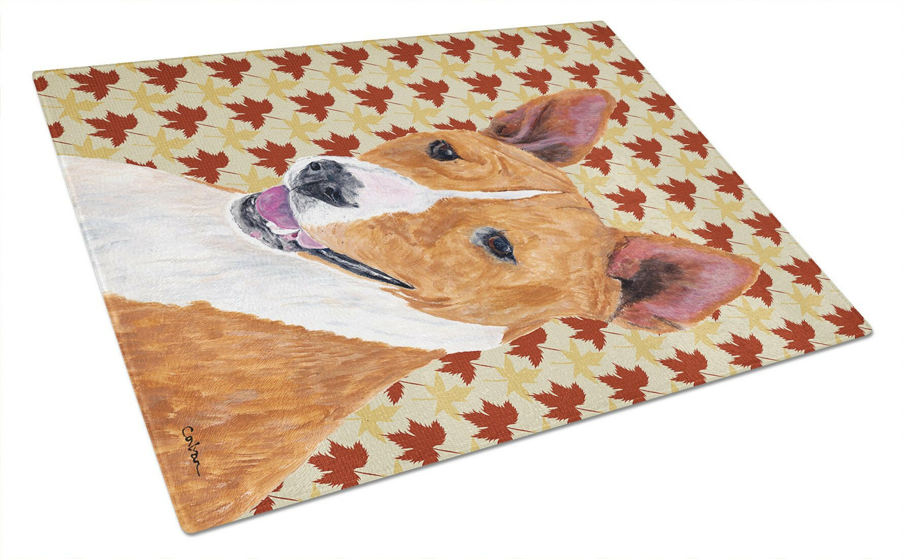 Basenji Fall Leaves Portrait Cutting Board Tempered Glass Kitchen Cutting Surface, Heat Resistant Chopping, Non-Slip Feet, Food Prep & Serving