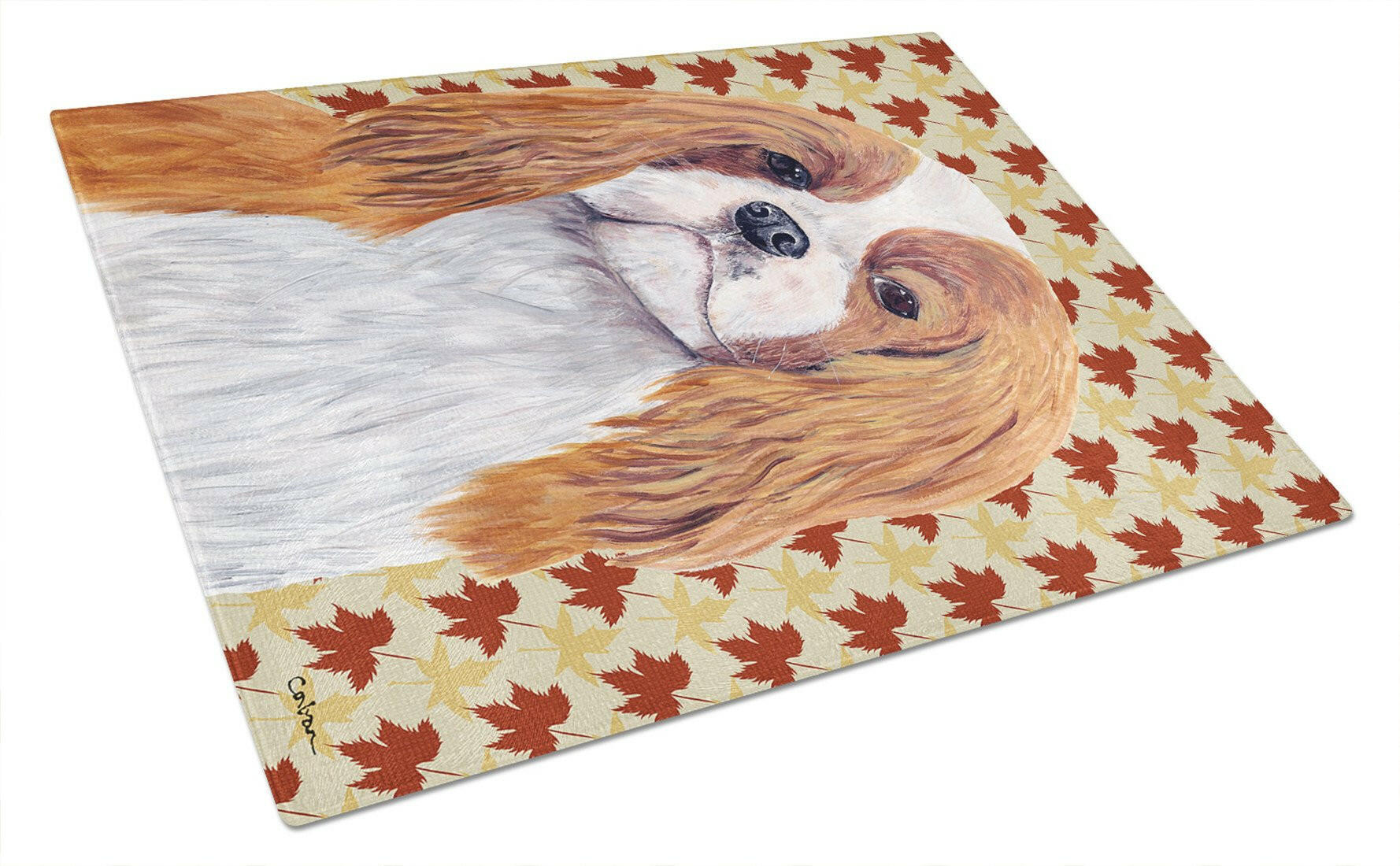 Cavalier Spaniel Fall Leaves Portrait Cutting Board Tempered Glass Kitchen Cutting Surface, Heat Resistant Chopping, Non-Slip Feet, Food Prep & Serving
