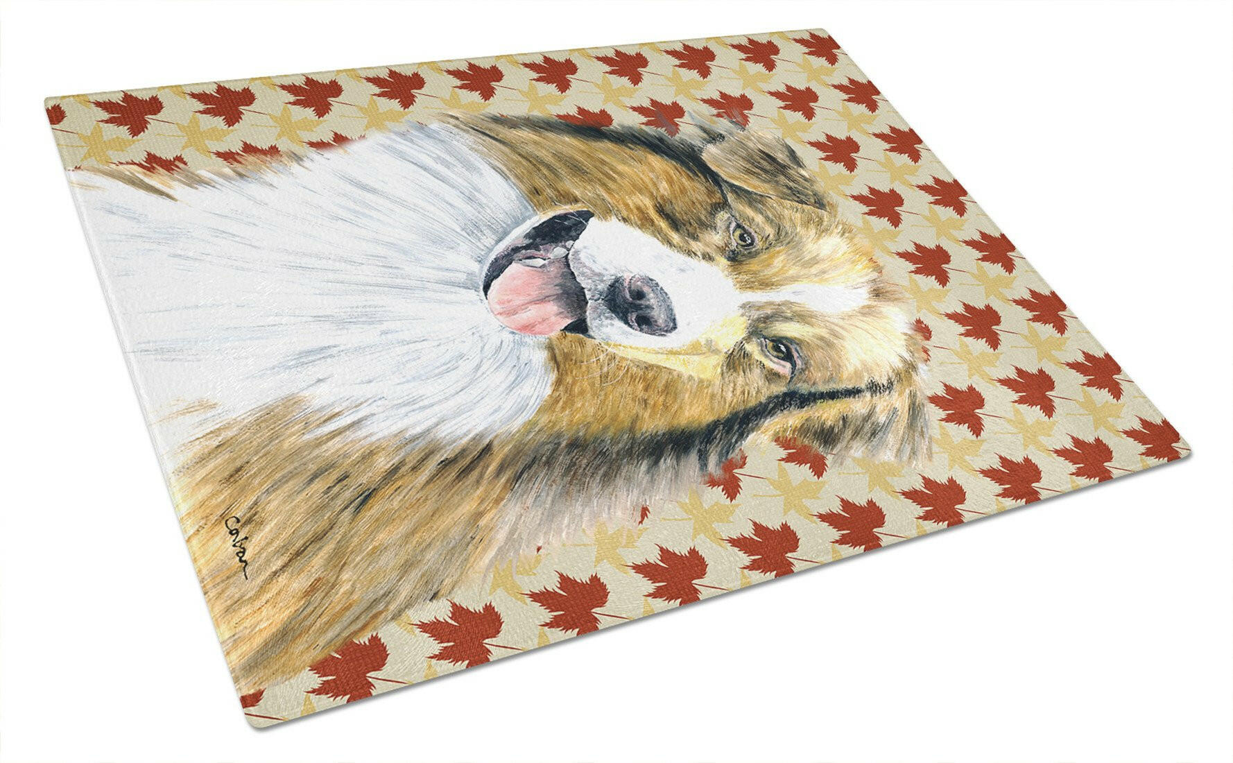 Australian Shepherd Fall Leaves Portrait Cutting Board Tempered Glass Kitchen Cutting Surface, Heat Resistant Chopping, Non-Slip Feet, Food Prep & Serving