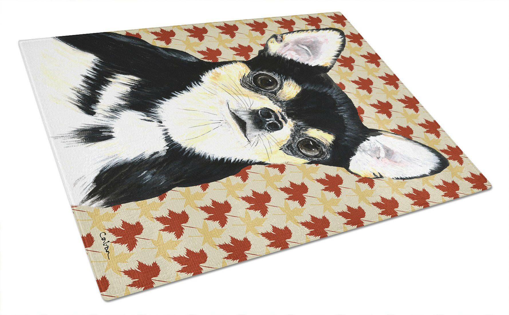 Chihuahua Fall Leaves Portrait Cutting Board Tempered Glass Kitchen Cutting Surface, Heat Resistant Chopping, Non-Slip Feet, Food Prep & Serving