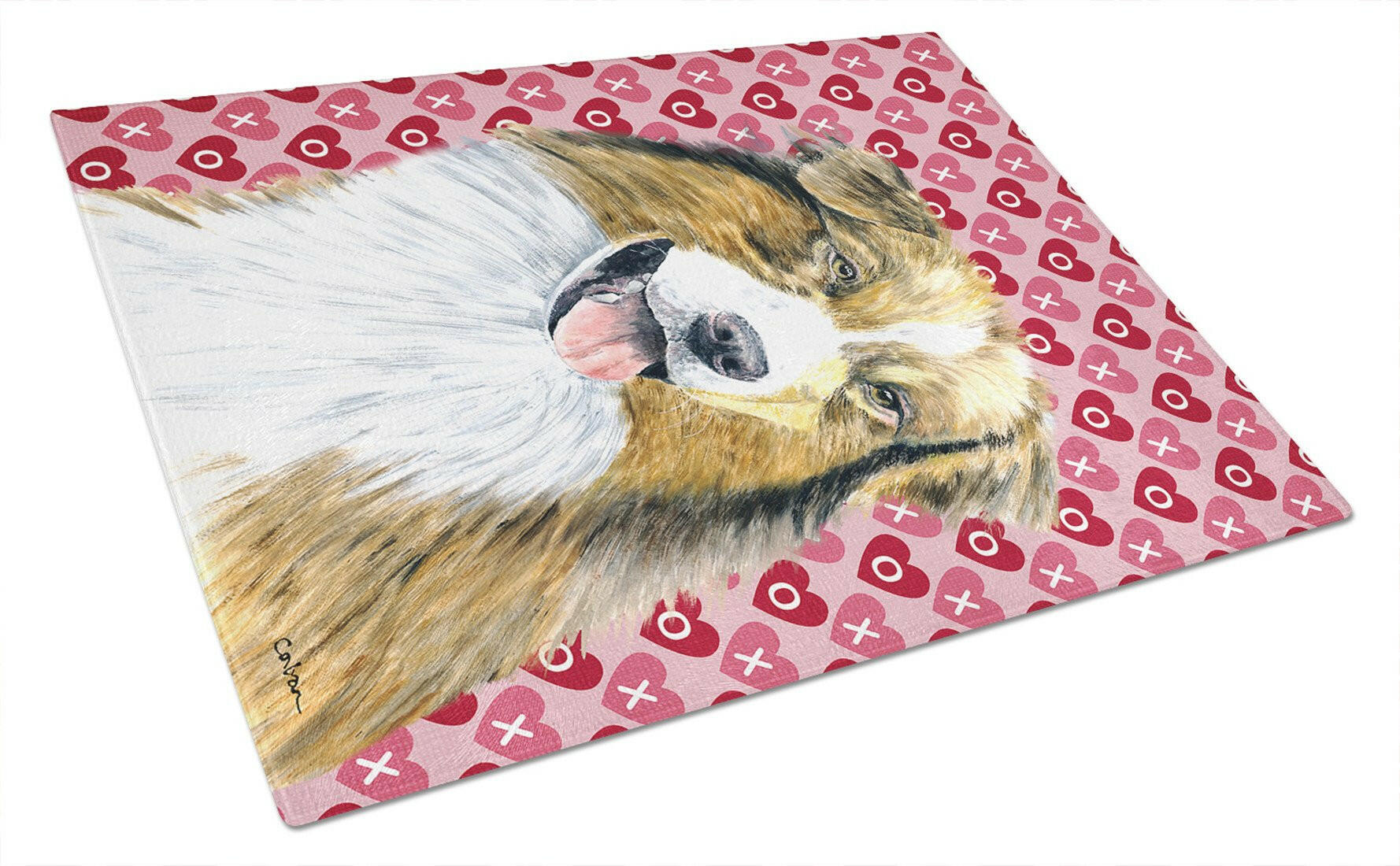 Australian Shepherd Hearts Love Valentine's Day Cutting Board Tempered Glass Kitchen Cutting Surface, Heat Resistant Chopping, Non-Slip Feet, Food Prep & Serving