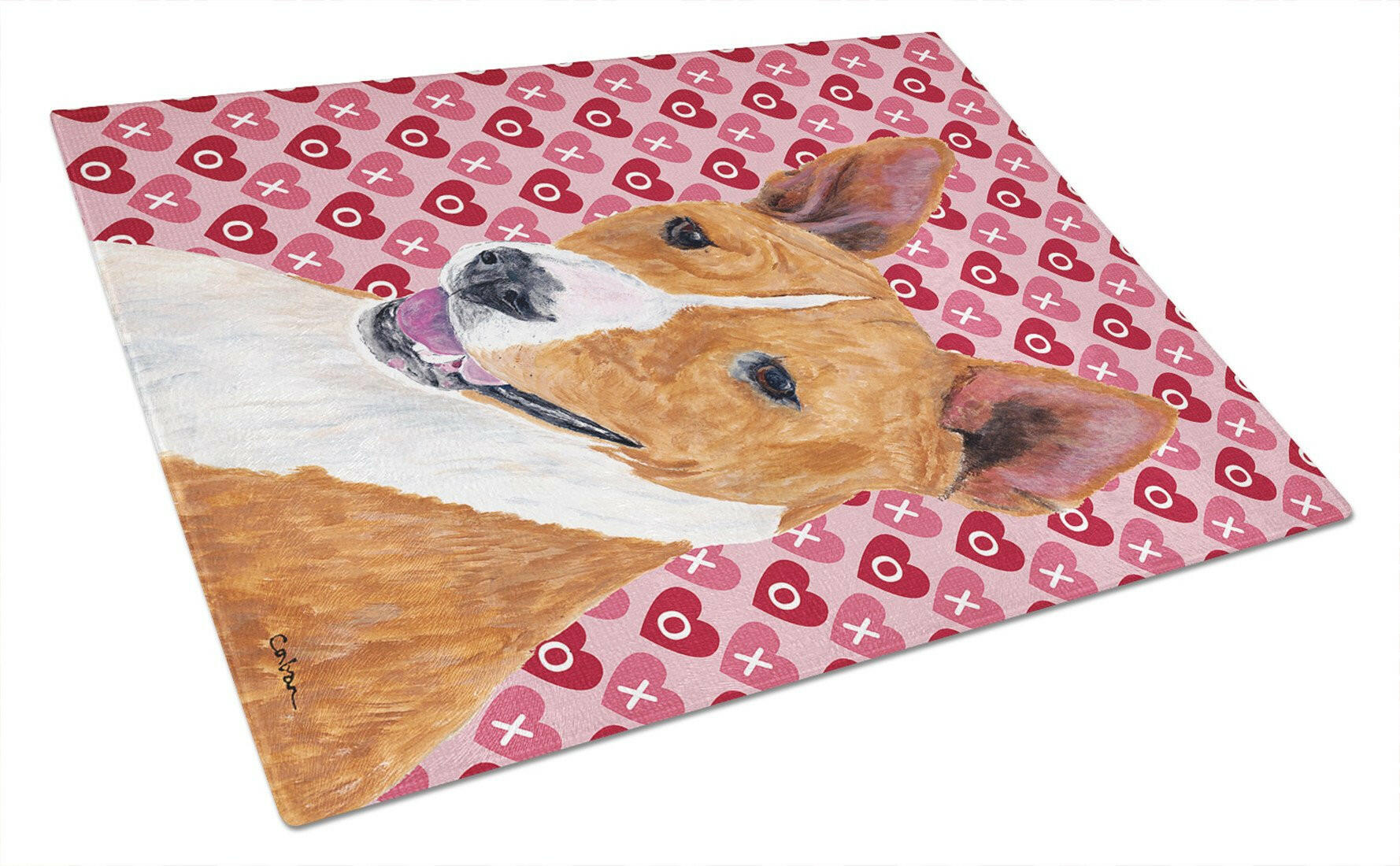 Basenji Hearts Love and Valentine's Day Portrait Cutting Board Tempered Glass Kitchen Cutting Surface, Heat Resistant Chopping, Non-Slip Feet, Food Prep & Serving
